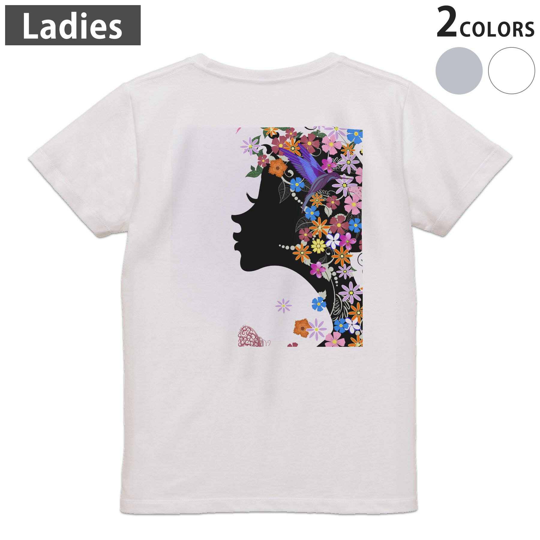 Print - Tシャツ レディース バックプリント 半袖 ホワイト グレー デザイン M Lティーシャツ T shirt 003478 人物　花　カラフル
