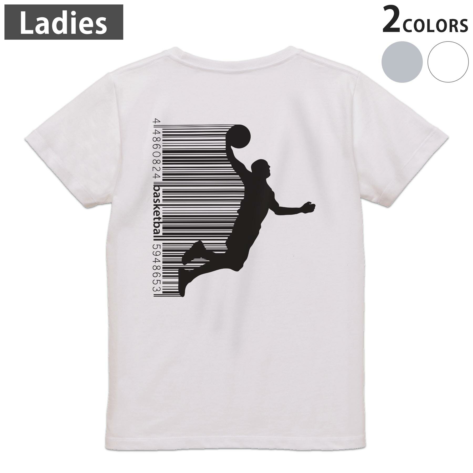 Print - Tシャツ レディース バックプリント 半袖 ホワイト グレー デザイン M Lティーシャツ T shirt 020036 スポーツ バスケット