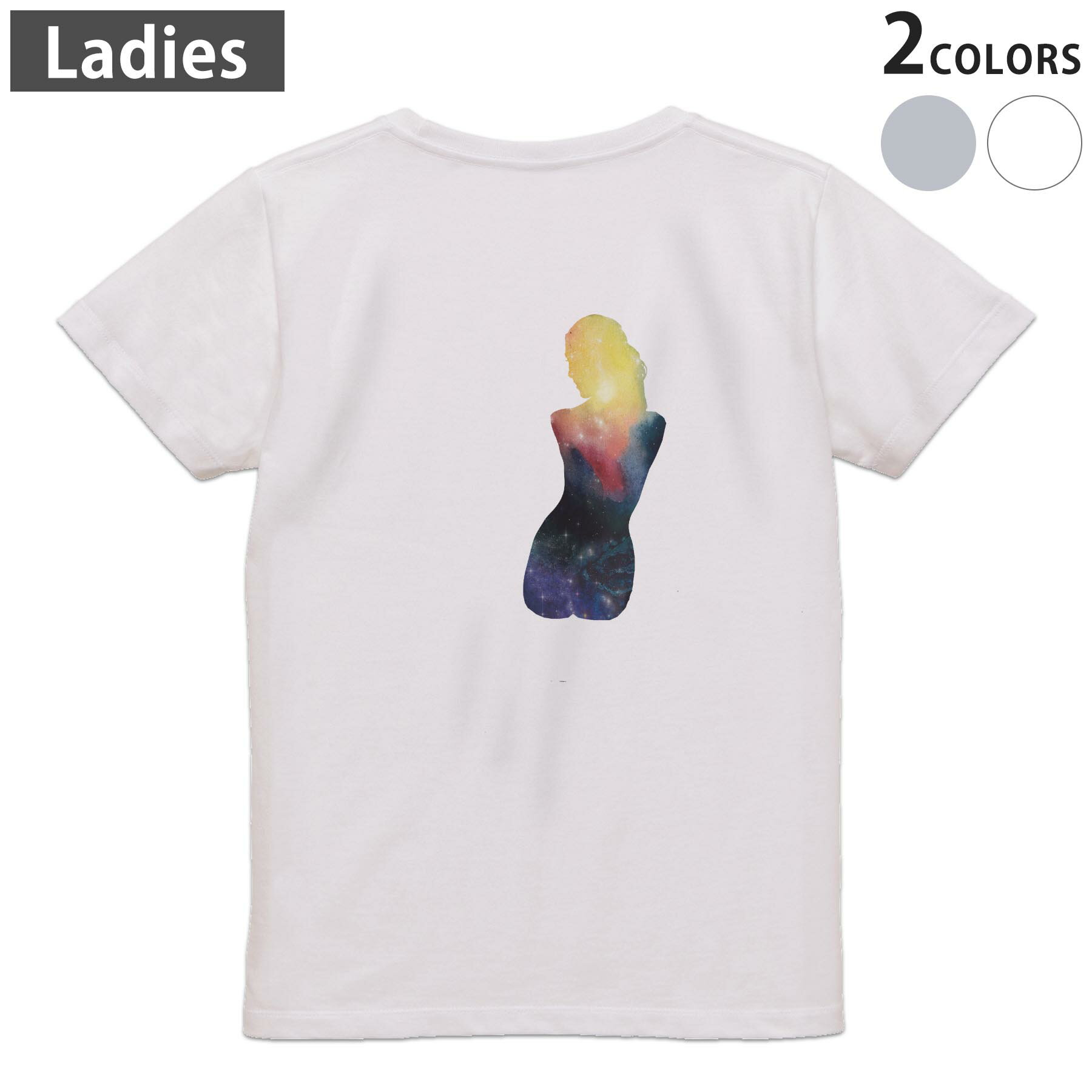 Print - Tシャツ レディース バックプリント 半袖 ホワイト グレー デザイン M Lティーシャツ T shirt 020062 宇宙 惑星 シルエット
