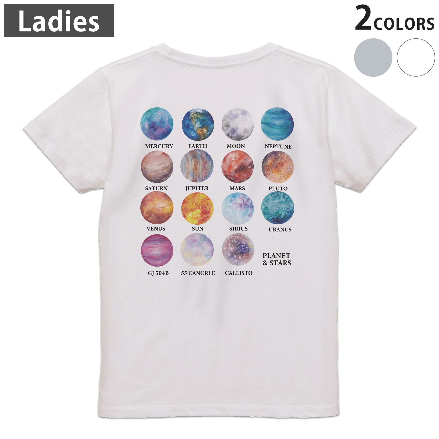 Tシャツ レディース バックプリント 半袖 ホワイト グレー デザイン M Lティーシャツ T shirt 020065 宇宙 惑星