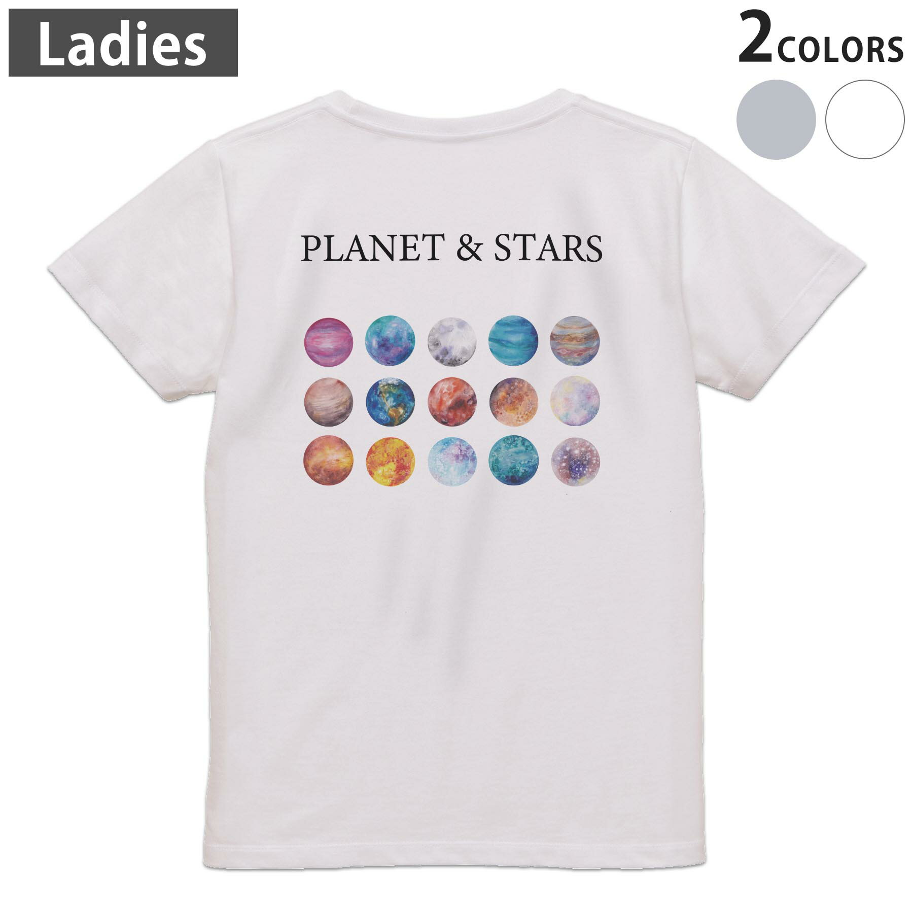 Print - Tシャツ レディース バックプリント 半袖 ホワイト グレー デザイン M Lティーシャツ T shirt 020068 宇宙 惑星