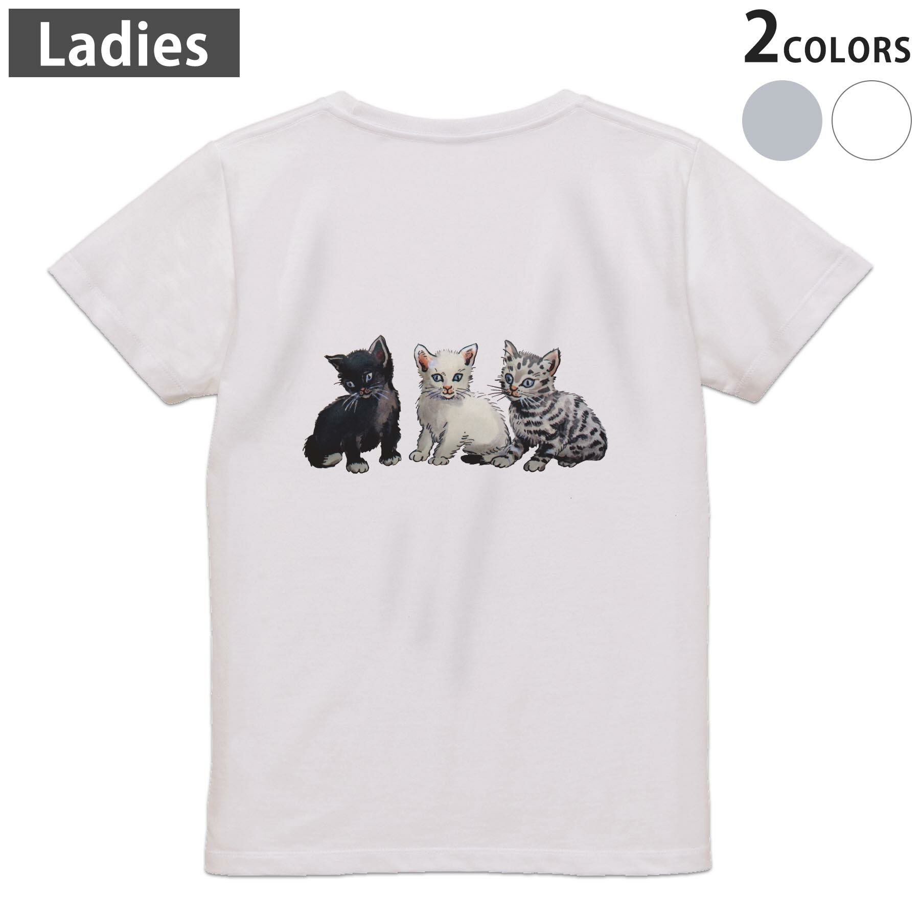 Print - Tシャツ レディース バックプリント 半袖 ホワイト グレー デザイン M Lティーシャツ T shirt 022743 猫 かわいい