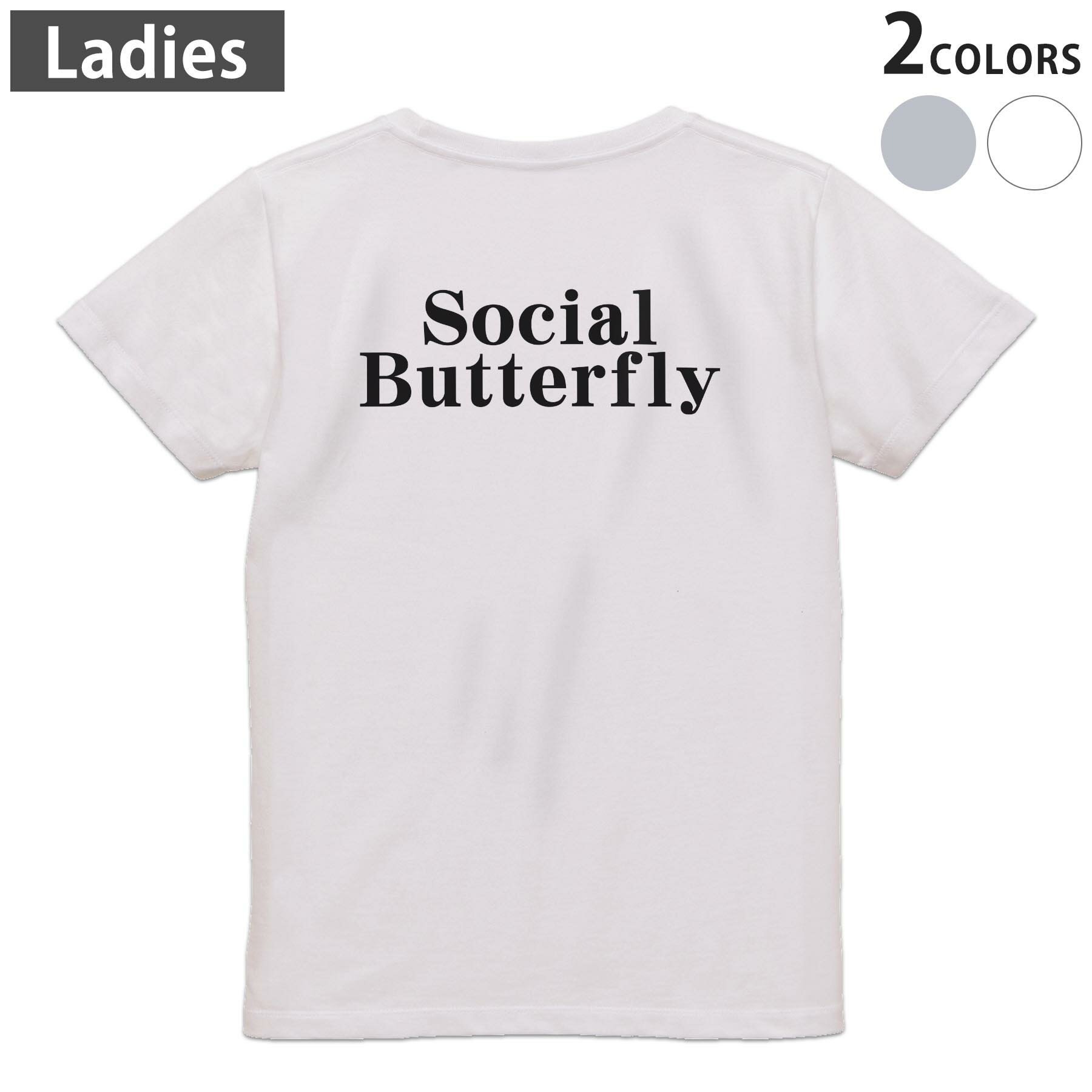 Tシャツ レディース バックプリント 半袖 ホワイト グレー デザイン M Lティーシャツ T shirt 022779 ?social butterfly
