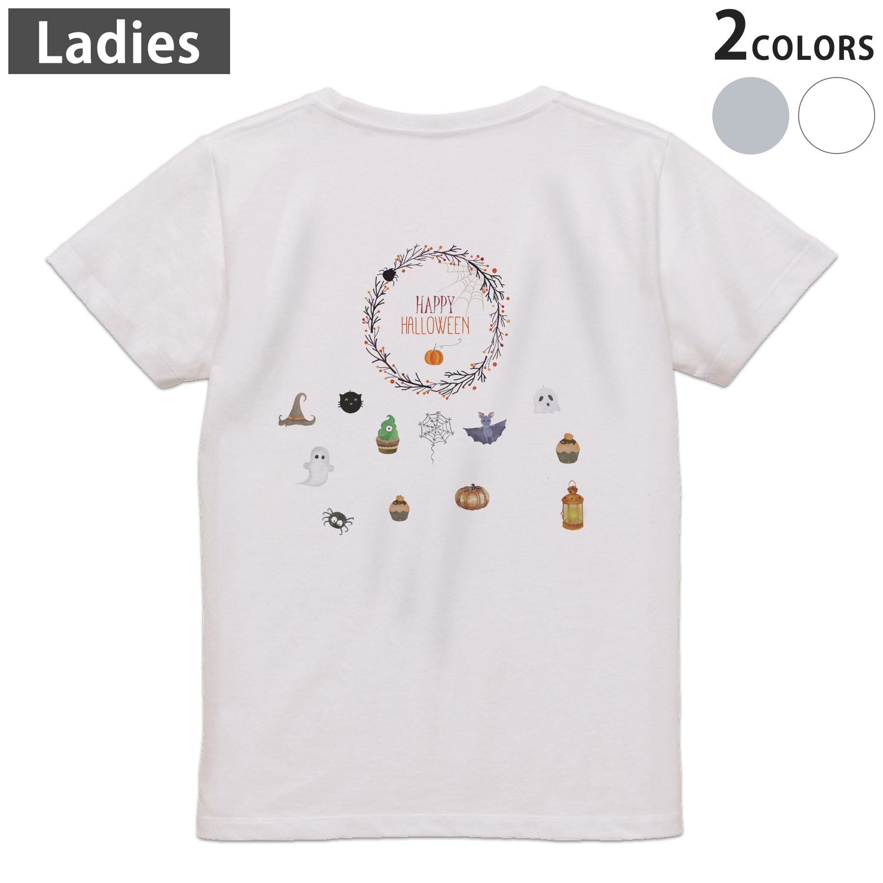 Print - Tシャツ レディース バックプリント 半袖 ホワイト グレー デザイン M Lティーシャツ T shirt 026129 おばけ カラフル　Halloween