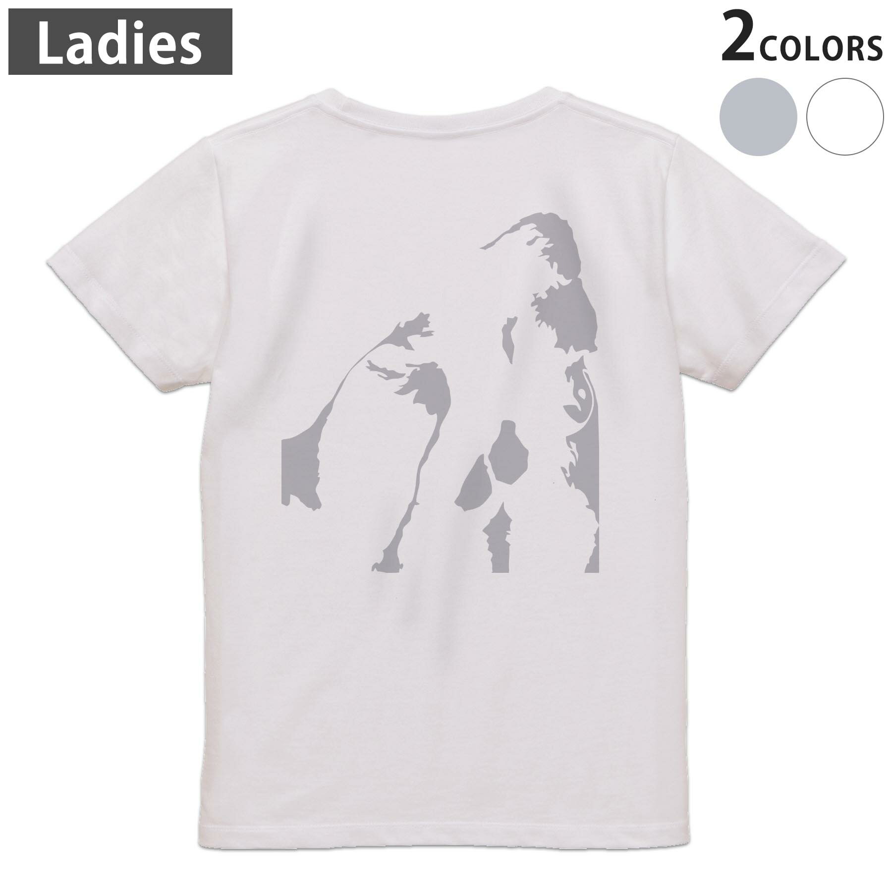 针织衣物 - Tシャツ レディース バックプリント 半袖 ホワイト グレー デザイン M Lティーシャツ T shirt 026144 動物　ゴリラ　シャドウ