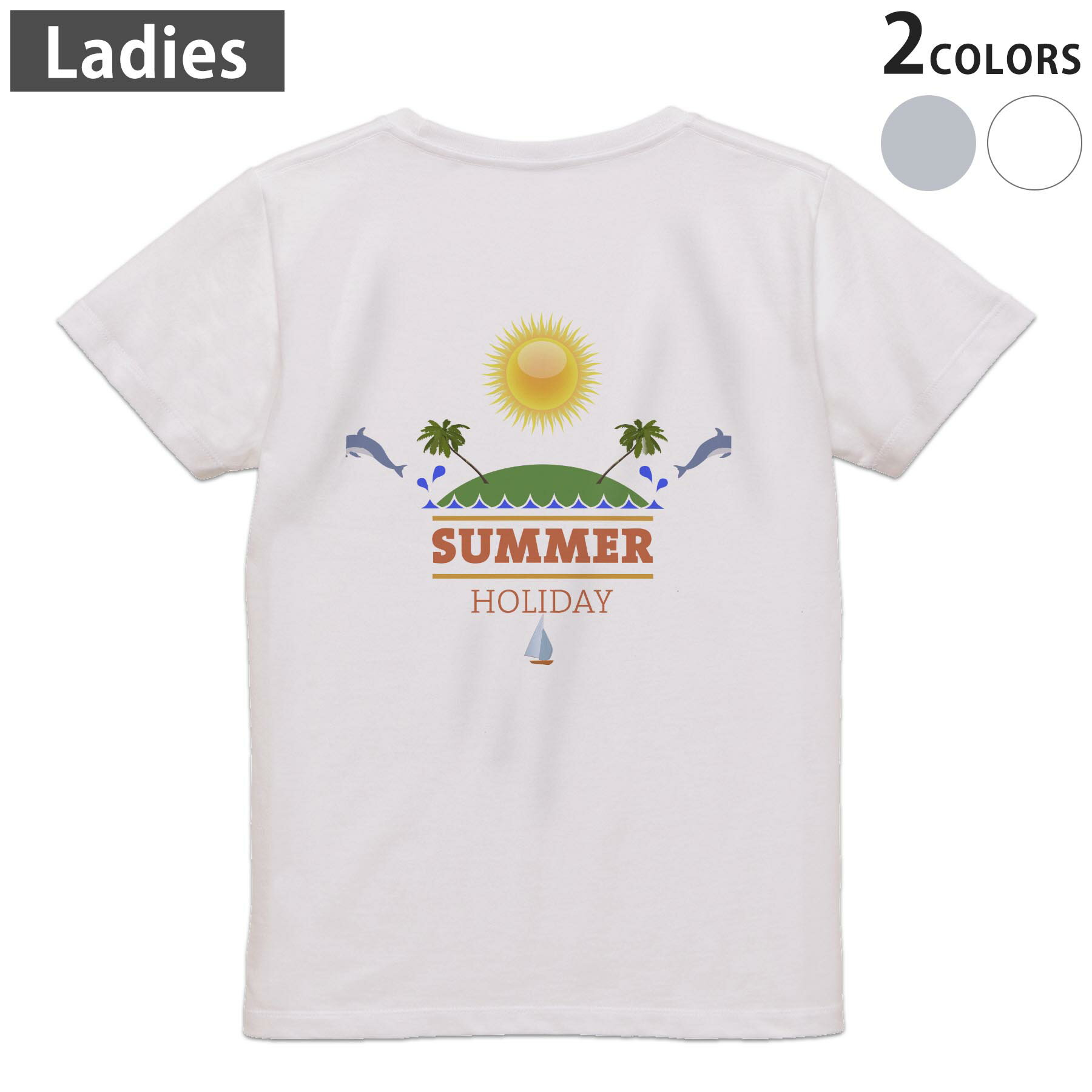 Tシャツ レディース バックプリント 半袖 ホワイト グレー デザイン M Lティーシャツ T shirt 026253 イルカ 夏