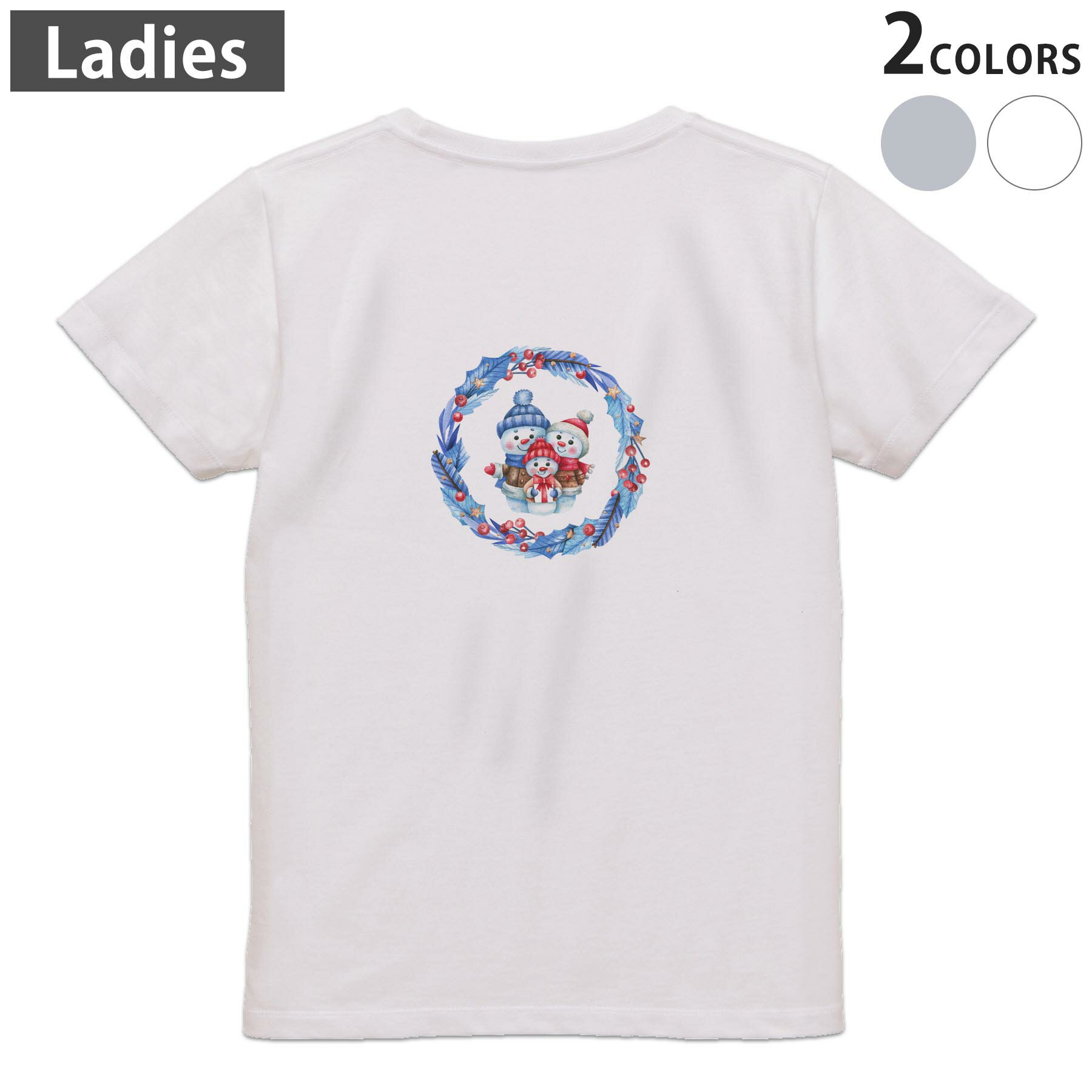 乐天商城 - Tシャツ レディース バックプリント 半袖 ホワイト グレー デザイン M Lティーシャツ T shirt 030161 クリスマス 雪だるま リース