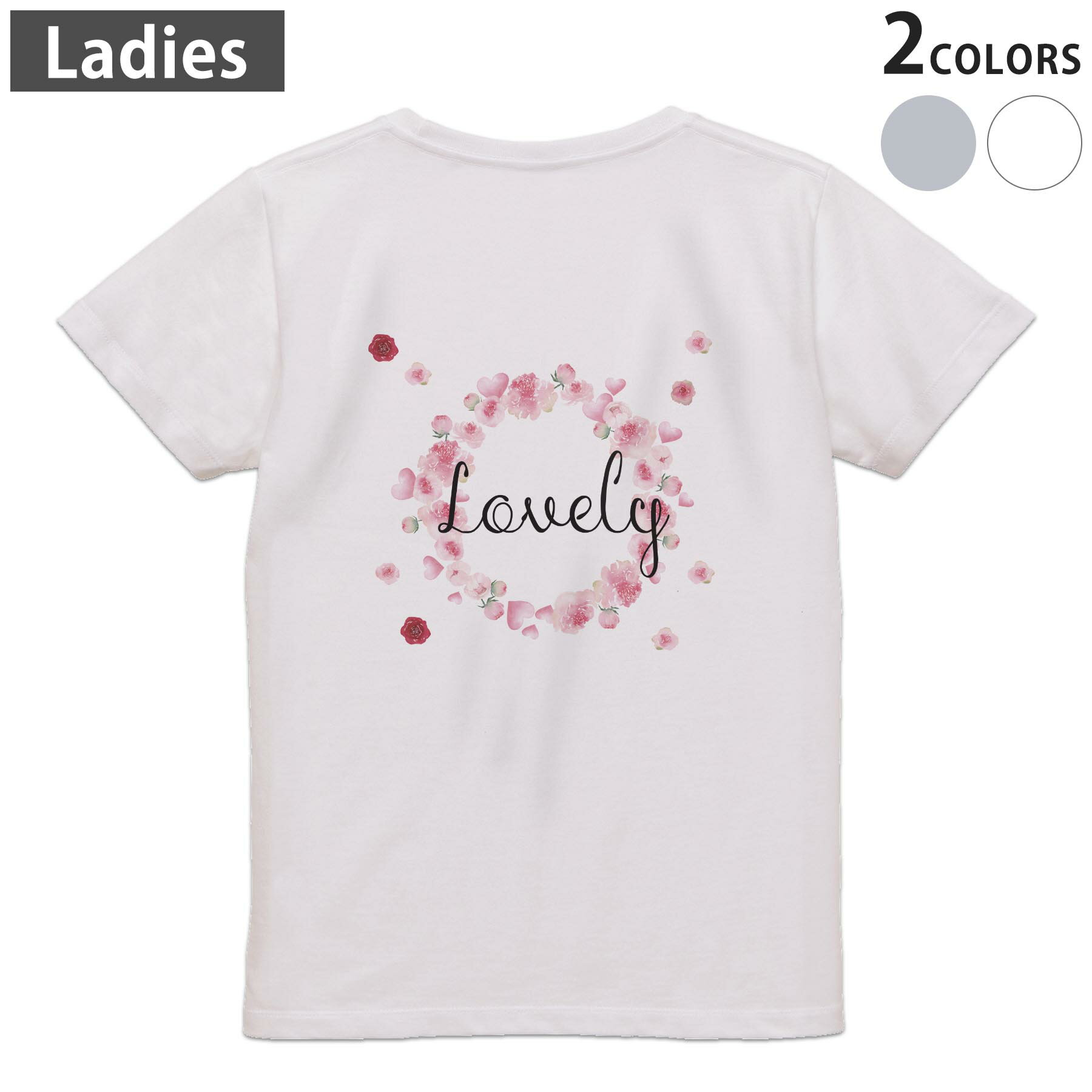 T-Shirts - Tシャツ レディース バックプリント 半袖 ホワイト グレー デザイン M Lティーシャツ T shirt 031560 花 lovely