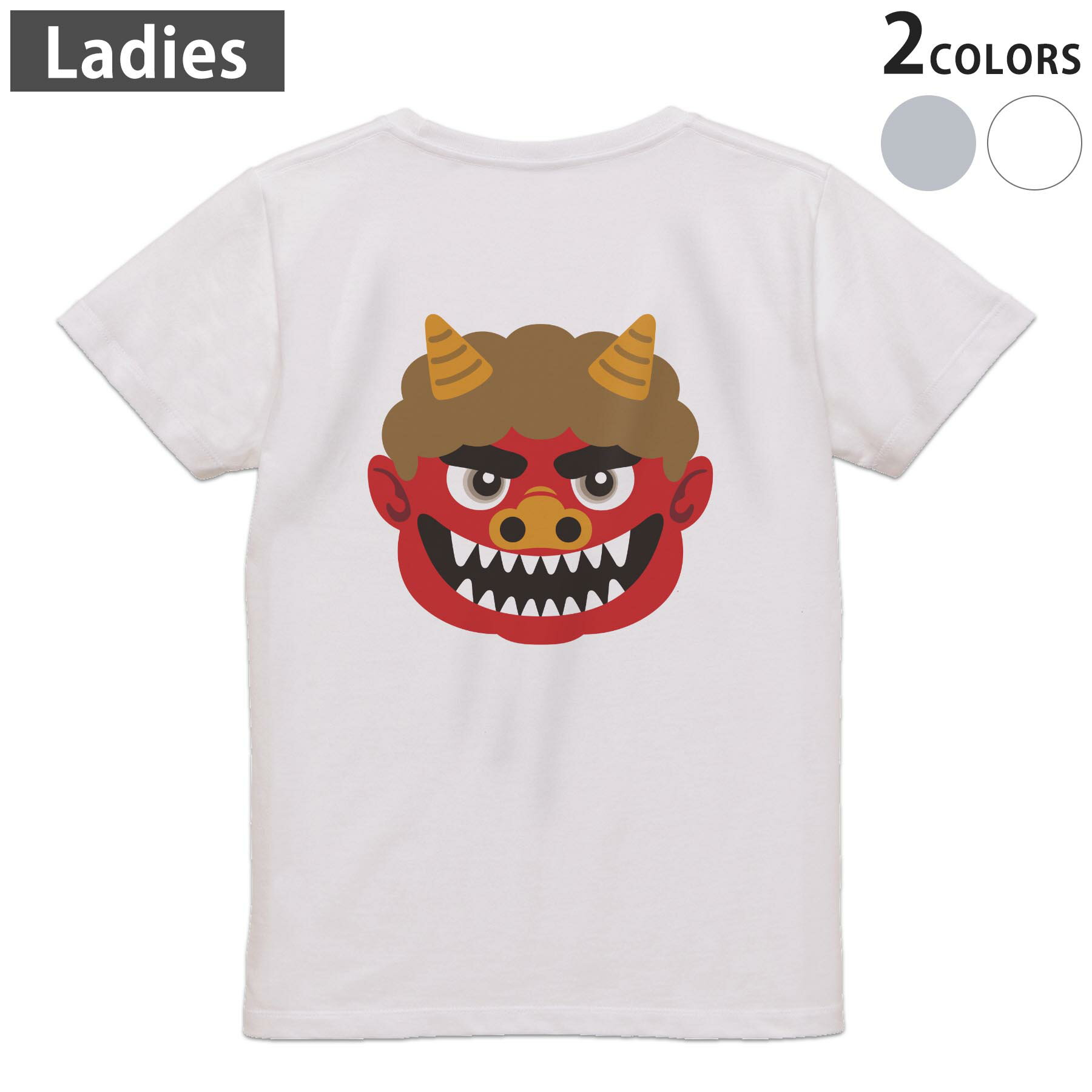 印花 - Tシャツ レディース バックプリント 半袖 ホワイト グレー デザイン M Lティーシャツ T shirt 031620 鬼 赤鬼