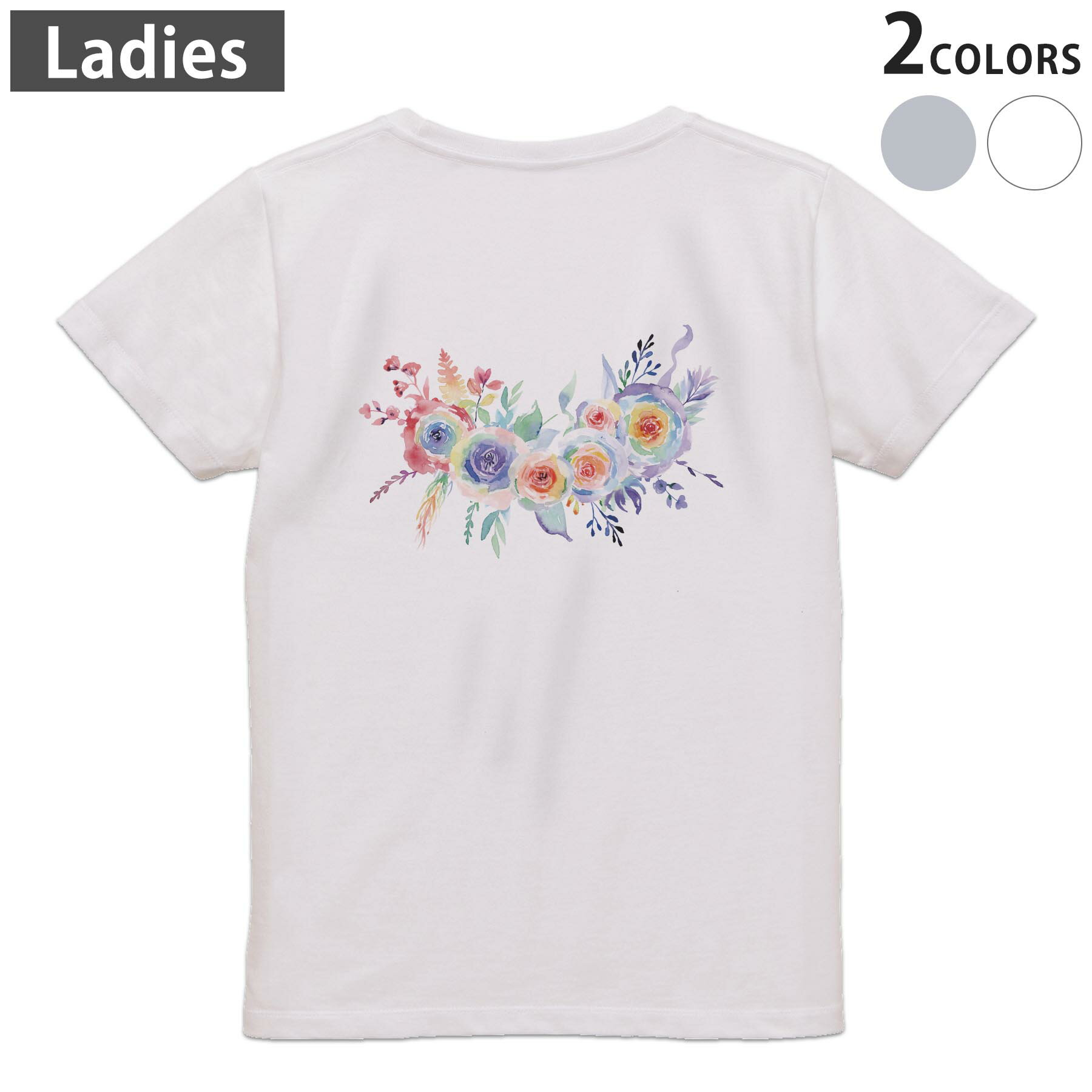 Tシャツ レディース バックプリント 半袖 ホワイト グレー デザイン M Lティーシャツ T shirt 031706 花 カラフル