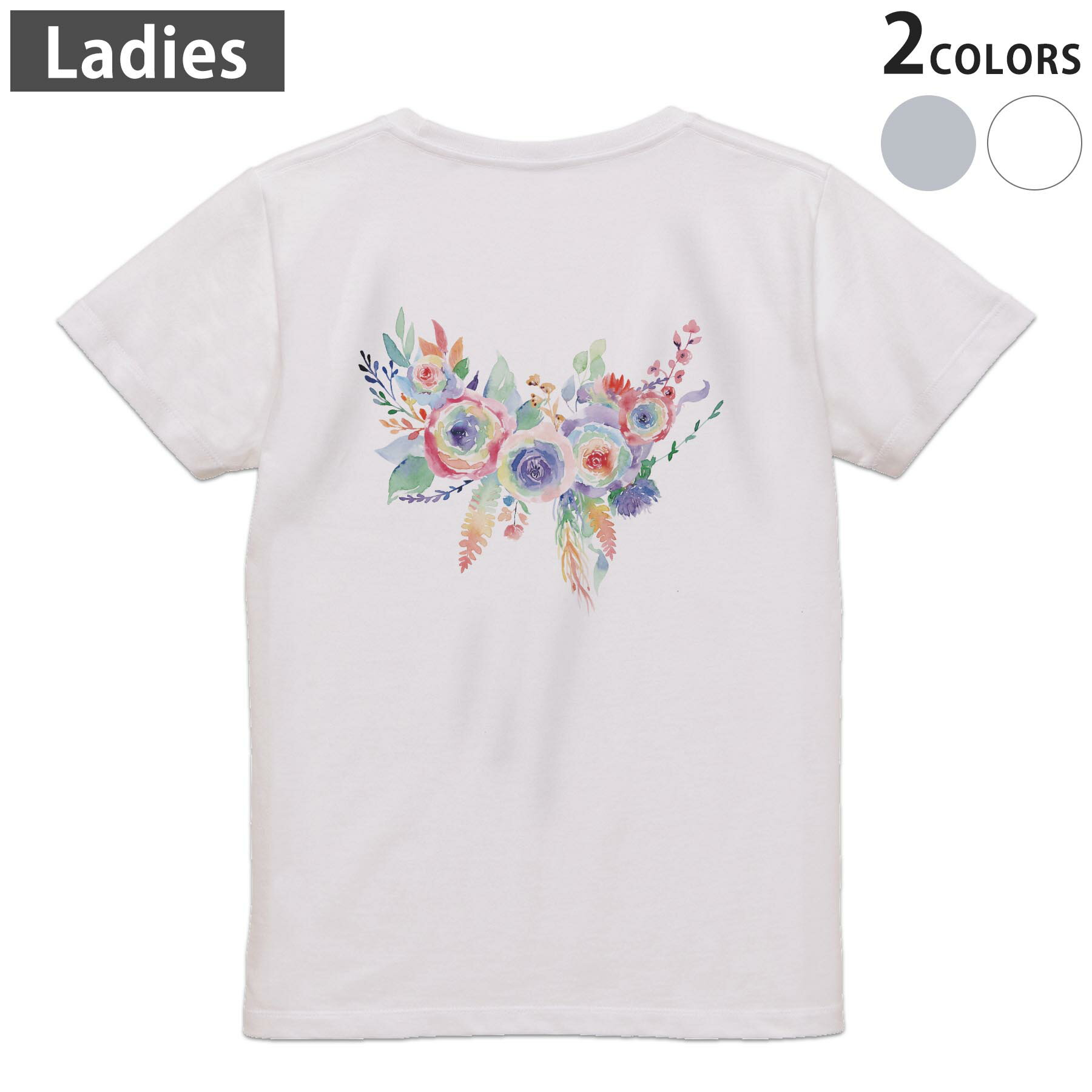 Garments - Tシャツ レディース バックプリント 半袖 ホワイト グレー デザイン M Lティーシャツ T shirt 031710 花 カラフル