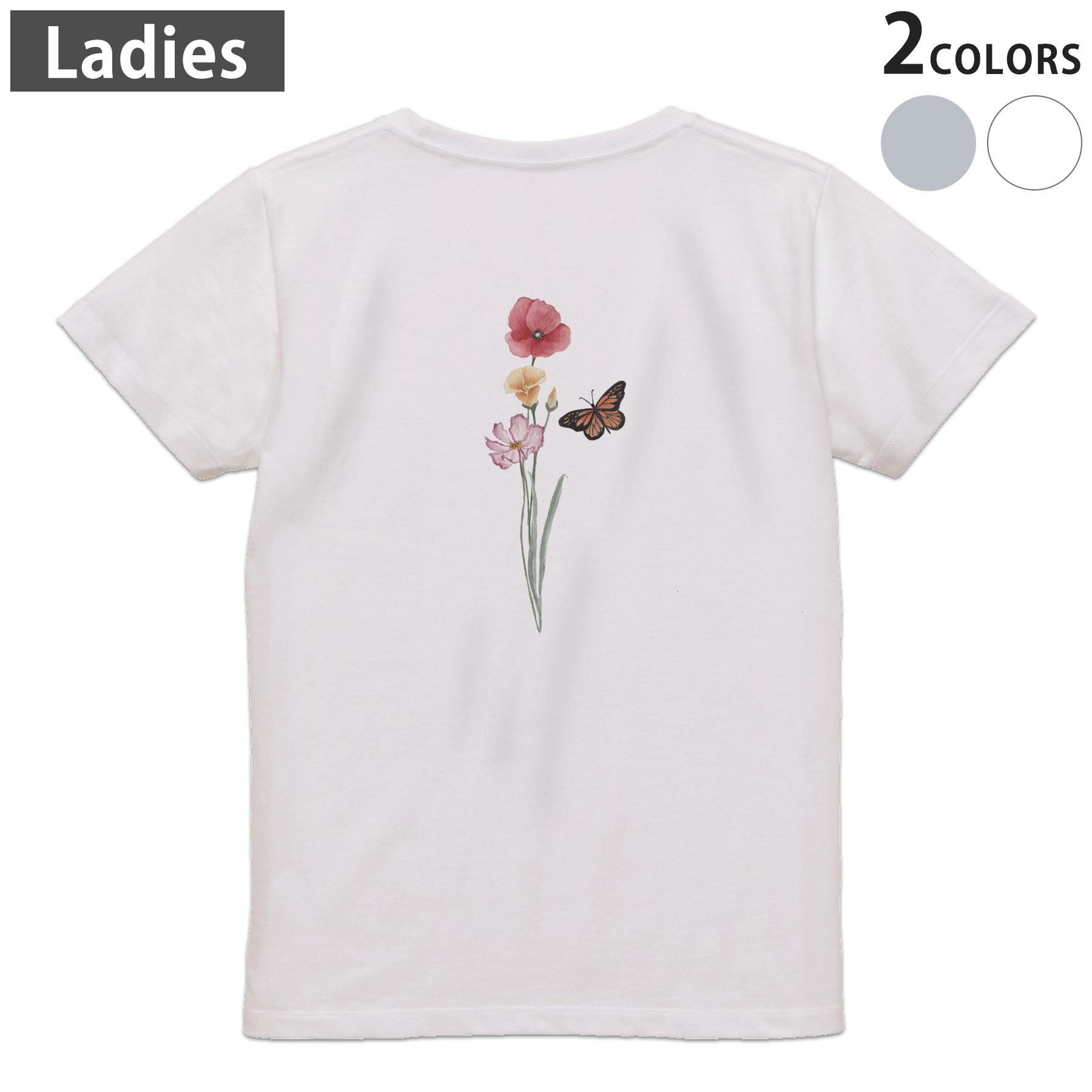 Print - Tシャツ レディース バックプリント 半袖 ホワイト グレー デザイン M Lティーシャツ T shirt 031825 花 蝶々 フラワー
