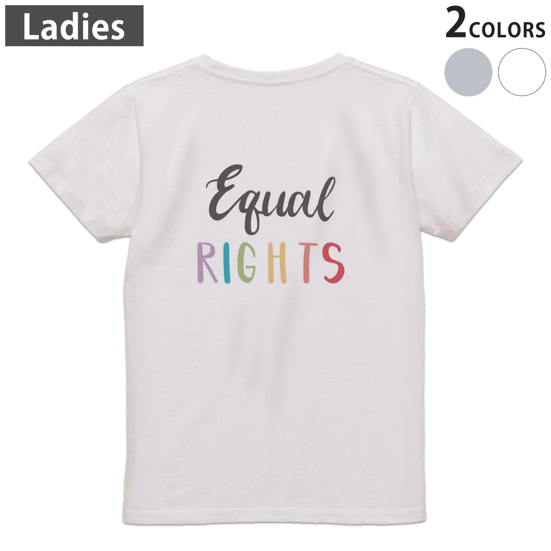 Print - Tシャツ レディース バックプリント 半袖 ホワイト グレー デザイン M Lティーシャツ T shirt 031848 平等 文字 カラフル