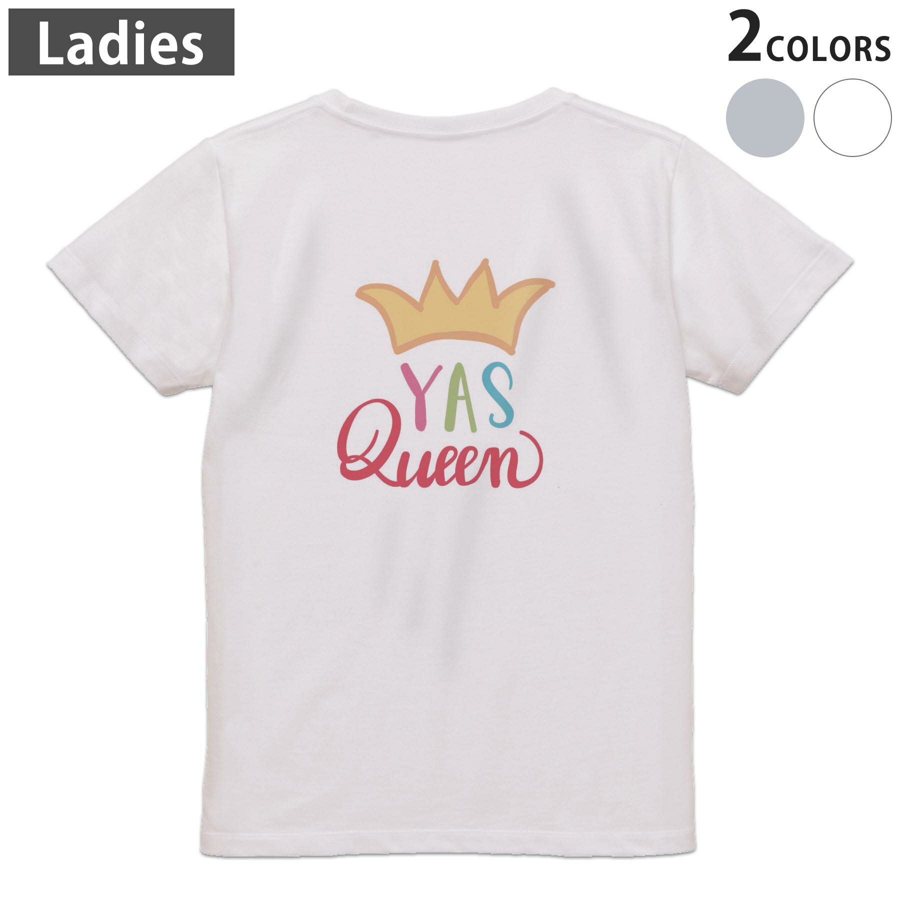 Print - Tシャツ レディース バックプリント 半袖 ホワイト グレー デザイン M Lティーシャツ T shirt 031885 クイーン 文字 王冠