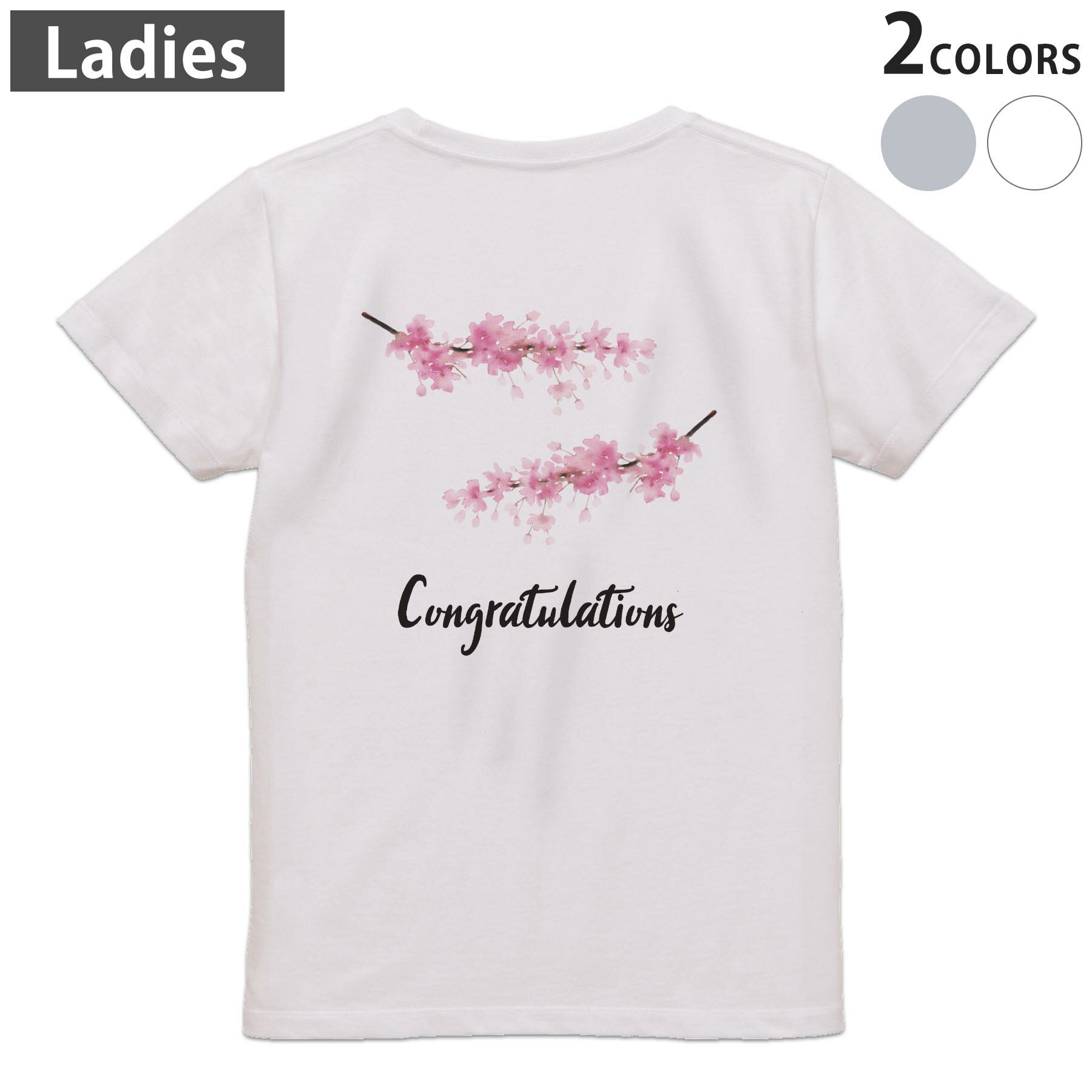 Garments - Tシャツ レディース バックプリント 半袖 ホワイト グレー デザイン M Lティーシャツ T shirt 032126 花 桜 卒業