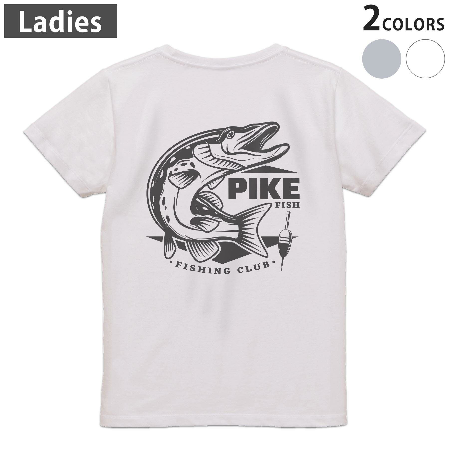 Tシャツ レディース バックプリント 半袖 ホワイト グレー デザイン M Lティーシャツ T shirt 032160 fishing