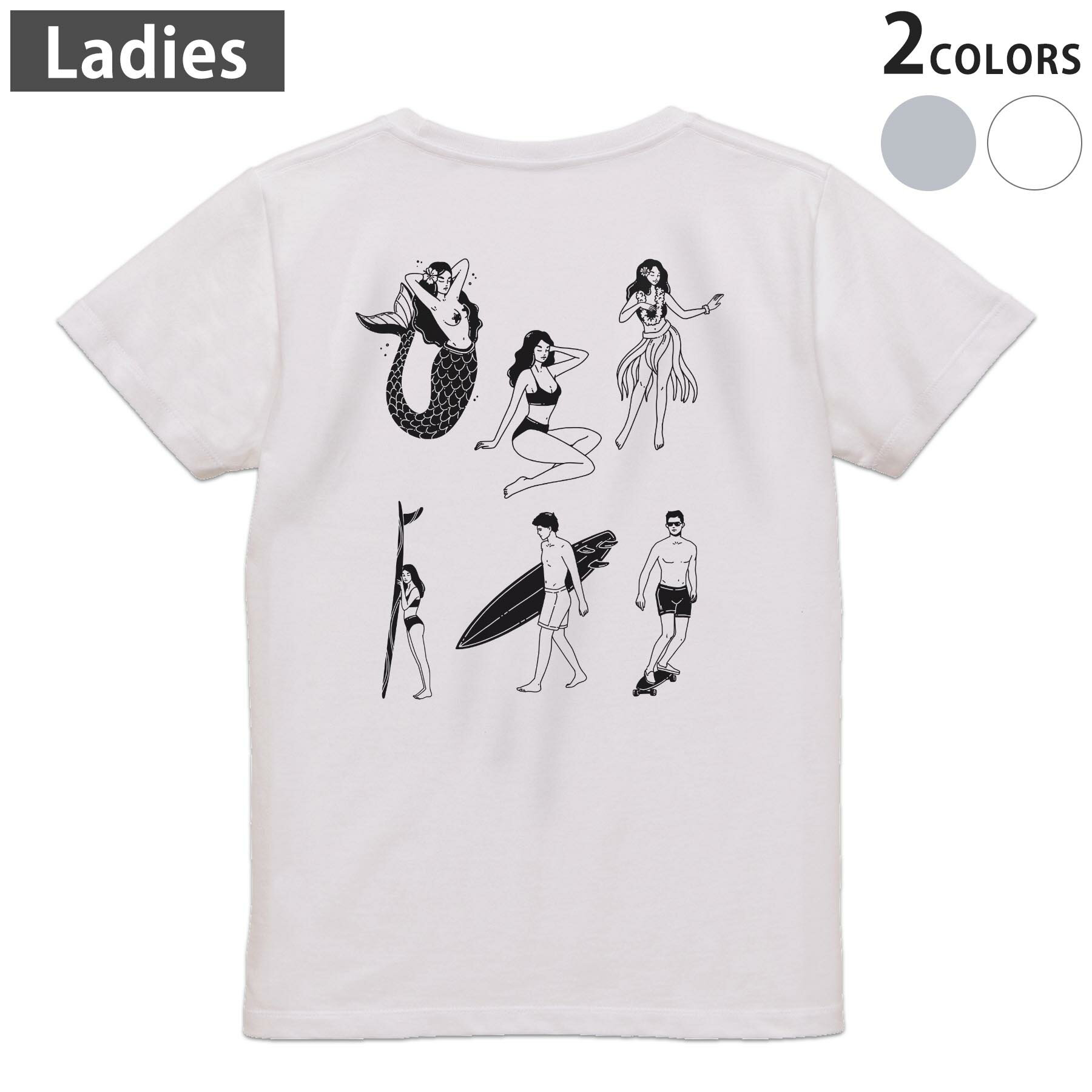 Print - Tシャツ レディース バックプリント 半袖 ホワイト グレー デザイン M Lティーシャツ T shirt 032173 サーフィン