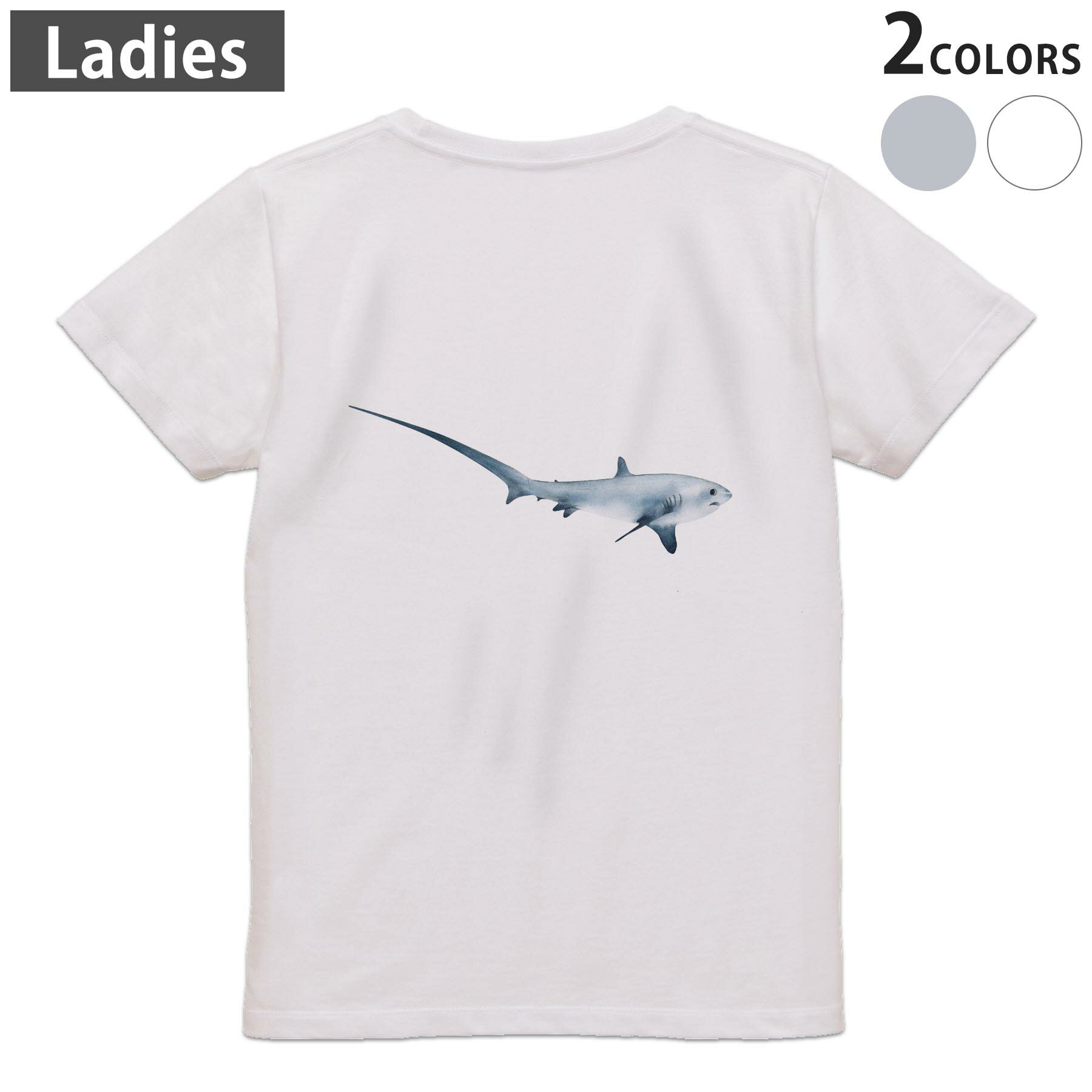 Tシャツ レディース バックプリント 半袖 ホワイト グレー デザイン M Lティーシャツ T shirt 032196 鮫 シャーク