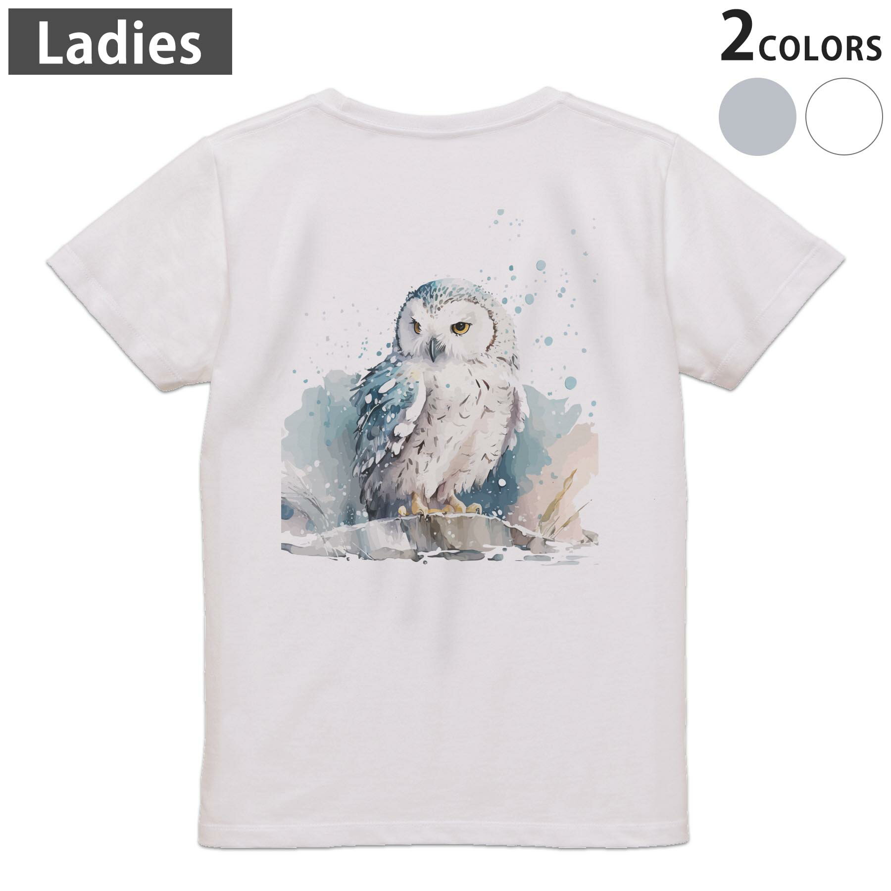 Tシャツ レディース バックプリント 半袖 ホワイト グレー デザイン M Lティーシャツ T shirt 032355 フクロウ 梟