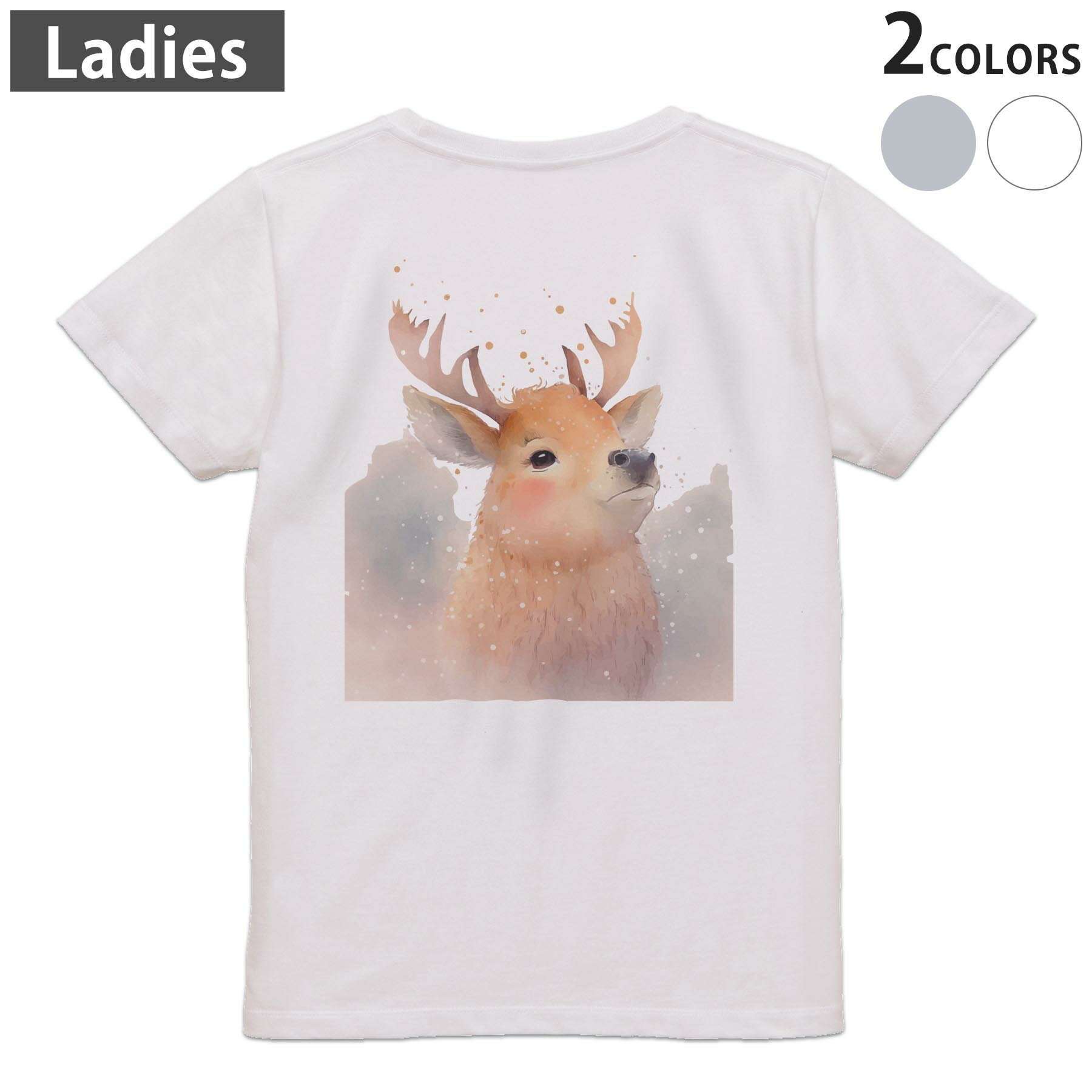 Print - Tシャツ レディース バックプリント 半袖 ホワイト グレー デザイン M Lティーシャツ T shirt 032357 トナカイ