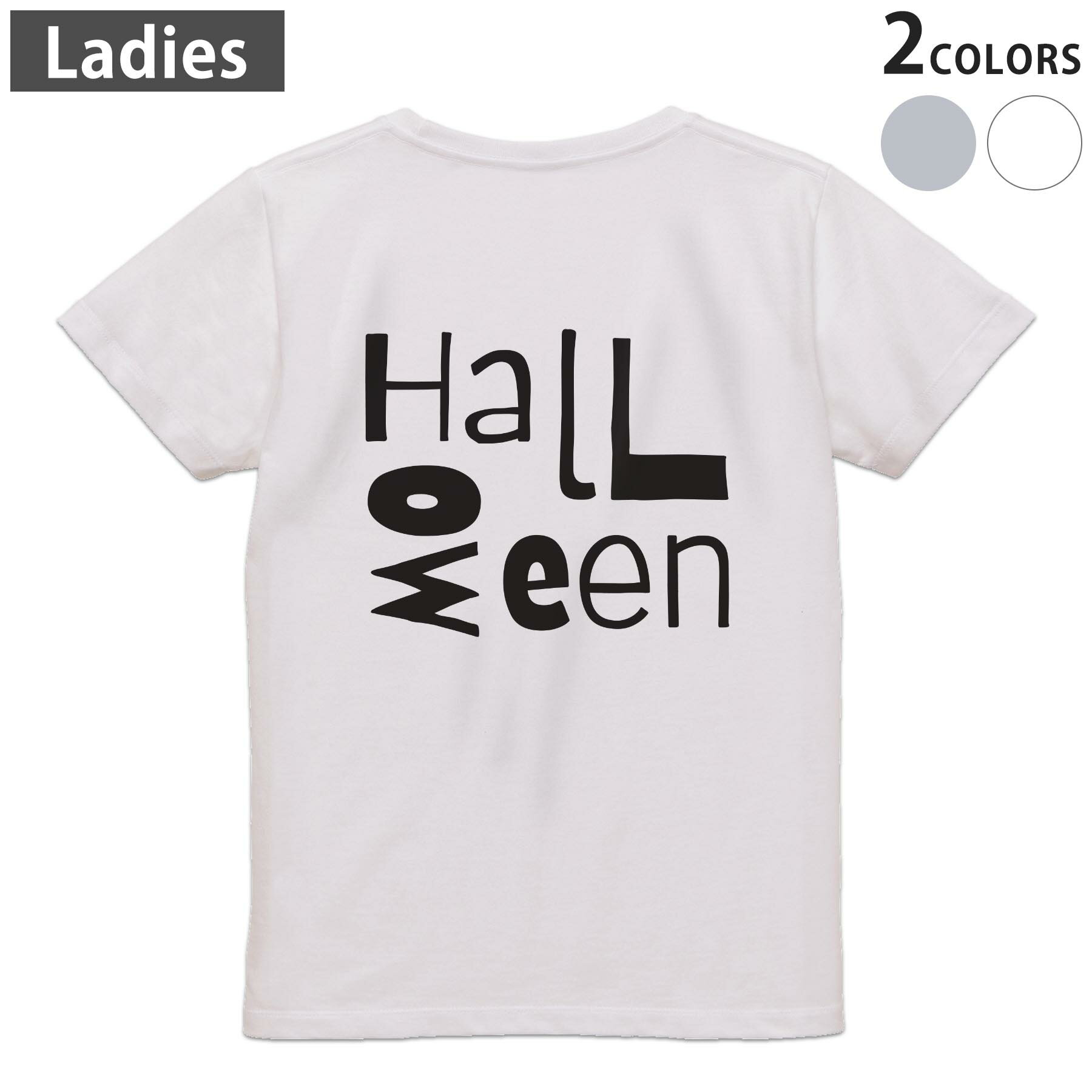 Tシャツ レディース バックプリント 半袖 ホワイト グレー デザイン M Lティーシャツ T shirt 032683 halloween　文字