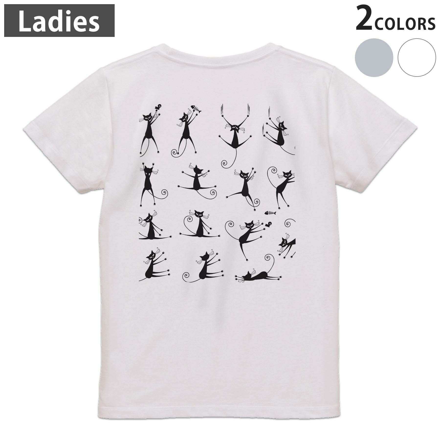 Print - Tシャツ レディース バックプリント 半袖 ホワイト グレー デザイン M Lティーシャツ T shirt 004604 猫　イラスト