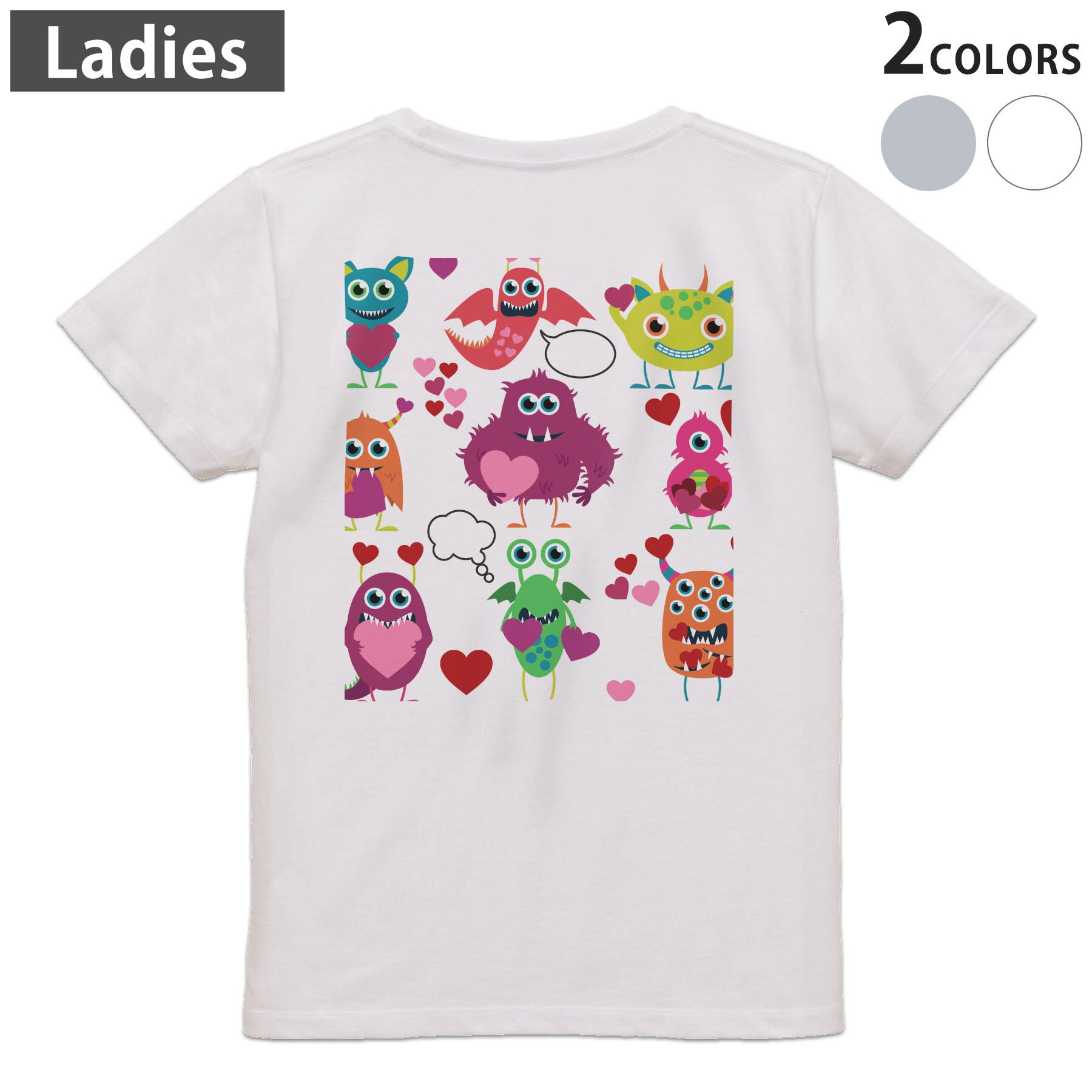 Tシャツ レディース バックプリント 半袖 ホワイト グレー デザイン M Lティーシャツ T shirt 005746 モンスター キャラクター
