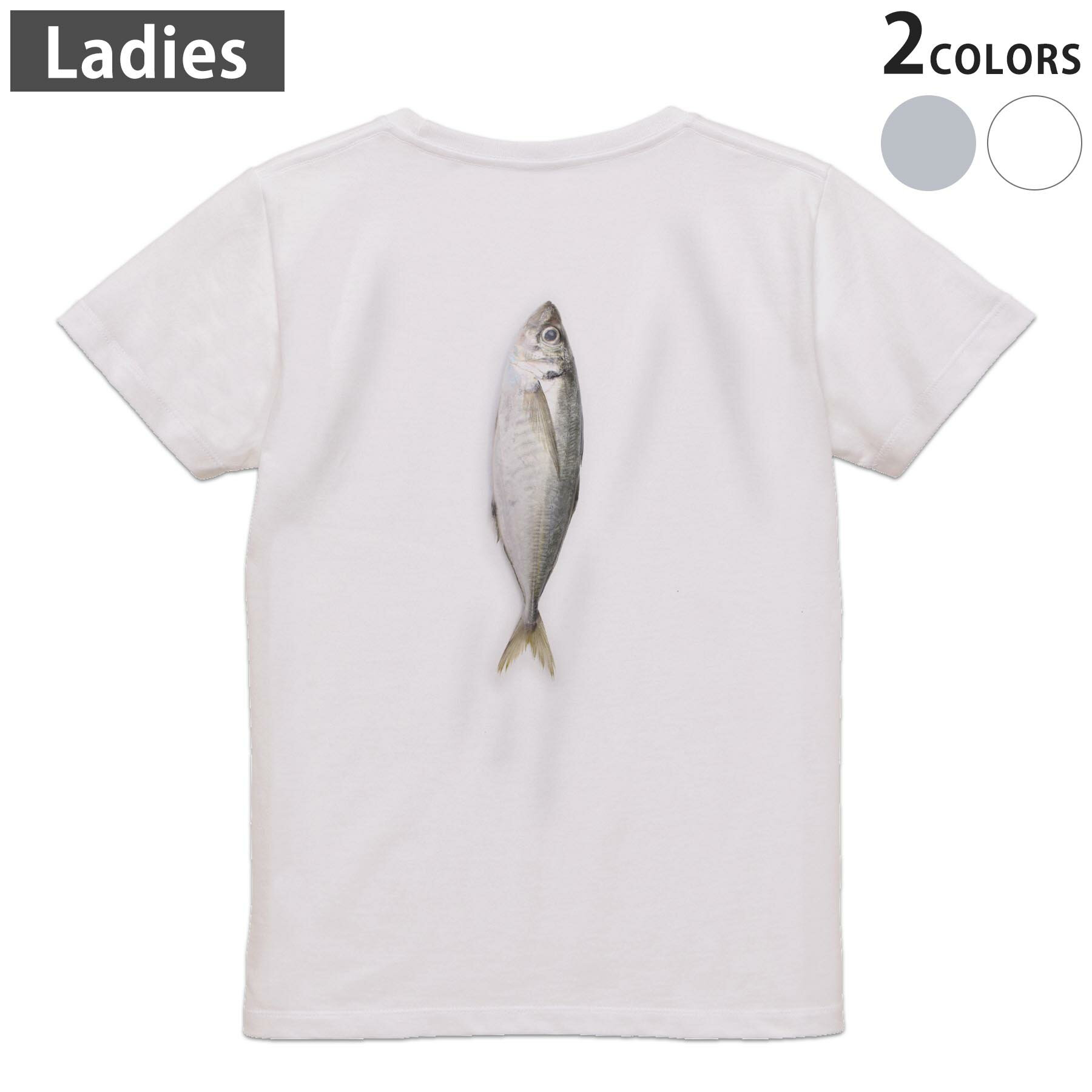 Tシャツ レディース バックプリント 半袖 ホワイト グレー デザイン M Lティーシャツ T shirt 005850 写真　魚　あじ