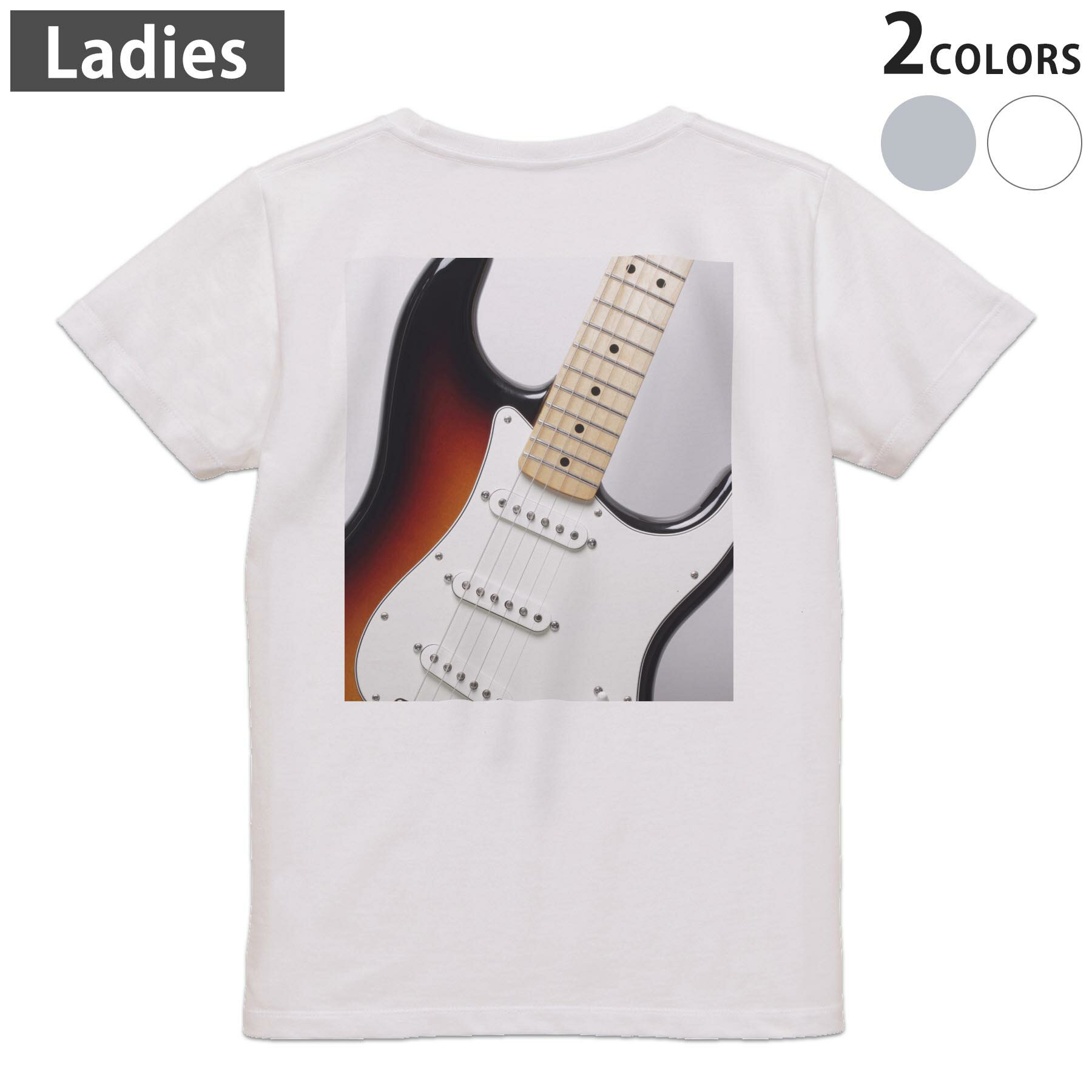 T-Shirts - Tシャツ レディース バックプリント 半袖 ホワイト グレー デザイン M Lティーシャツ T shirt 006470 写真　ギター