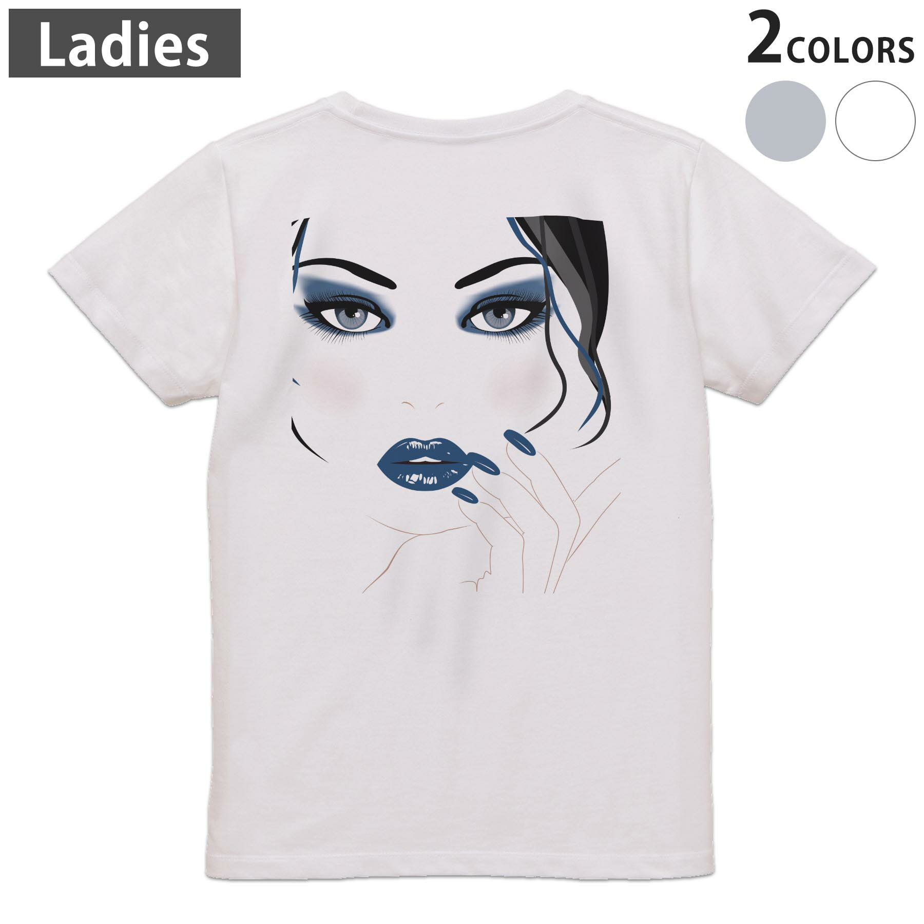 印花 - Tシャツ レディース バックプリント 半袖 ホワイト グレー デザイン M Lティーシャツ T shirt 008042 イラスト　人物　青　ブルー