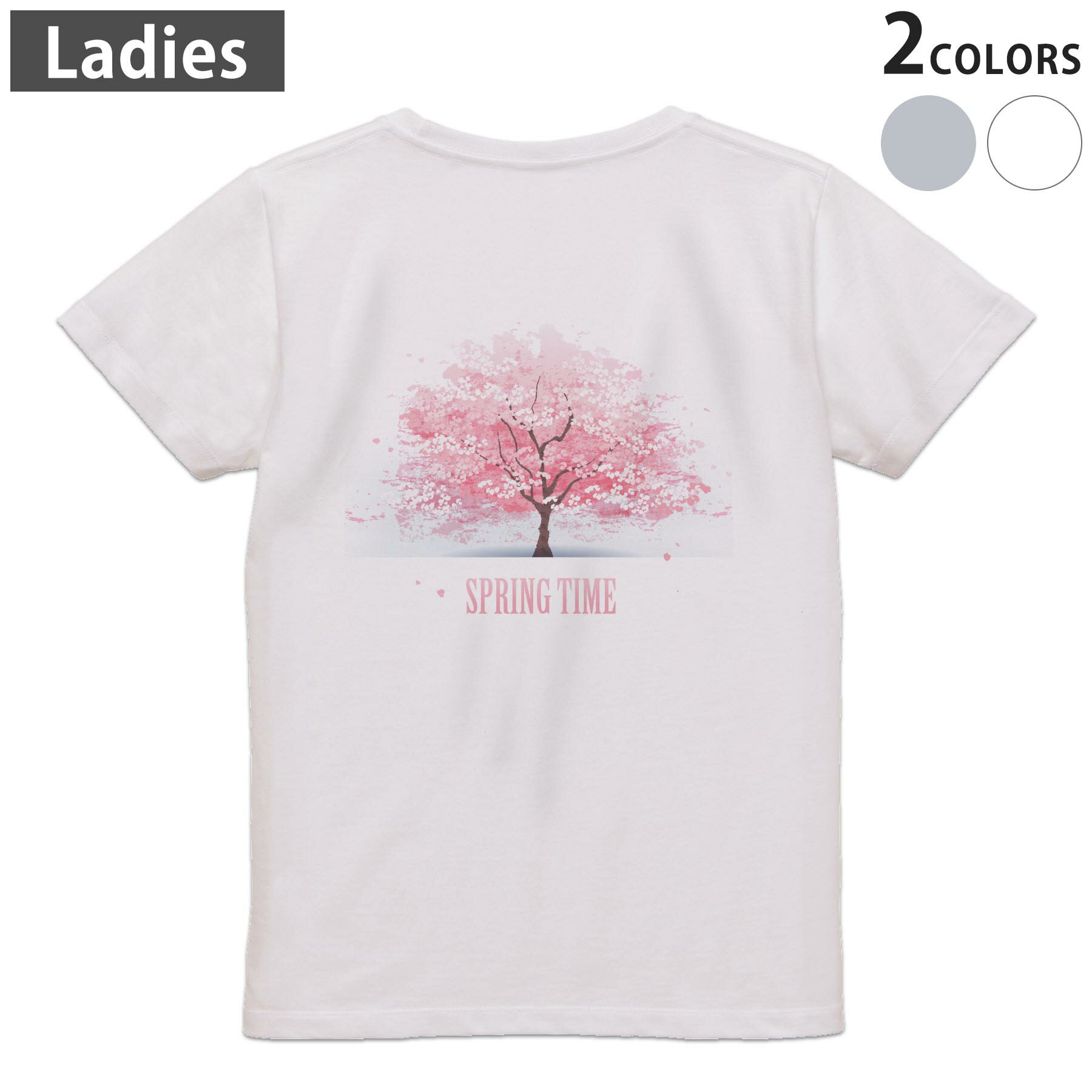 Tシャツ レディース バックプリント 半袖 ホワイト グレー デザイン M Lティーシャツ T shirt 008120 春 桜 ピンク 植物 イラスト