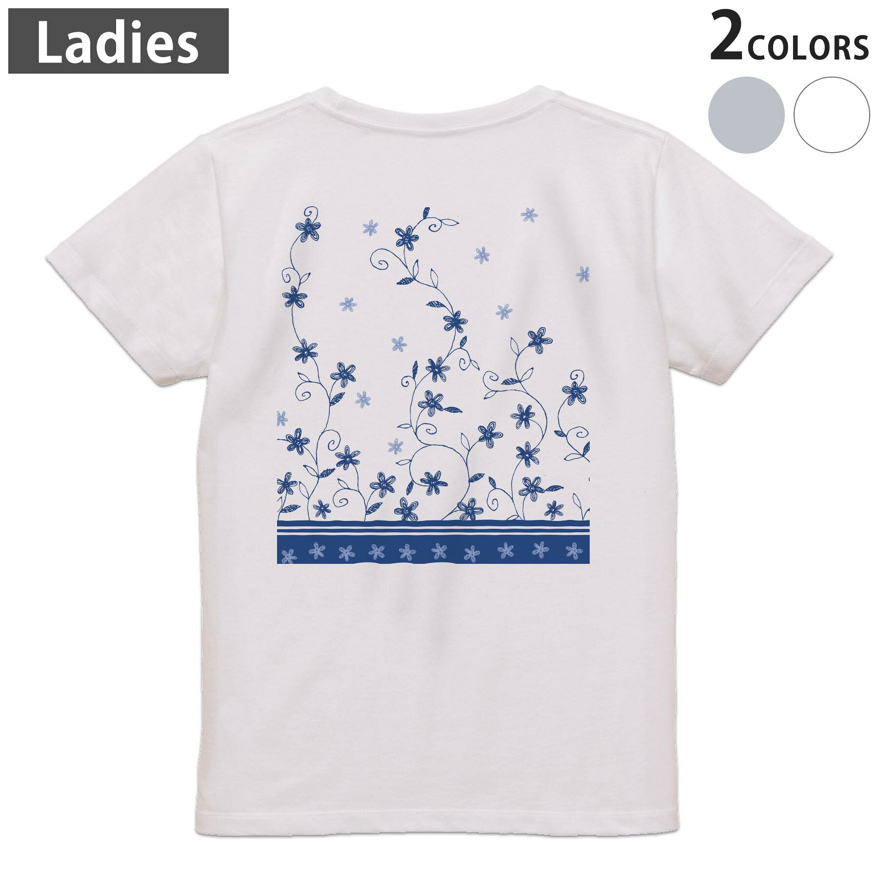 Tシャツ レディース バックプリント 半袖 ホワイト グレー デザイン M Lティーシャツ T shirt 008596 青　ブルー　花