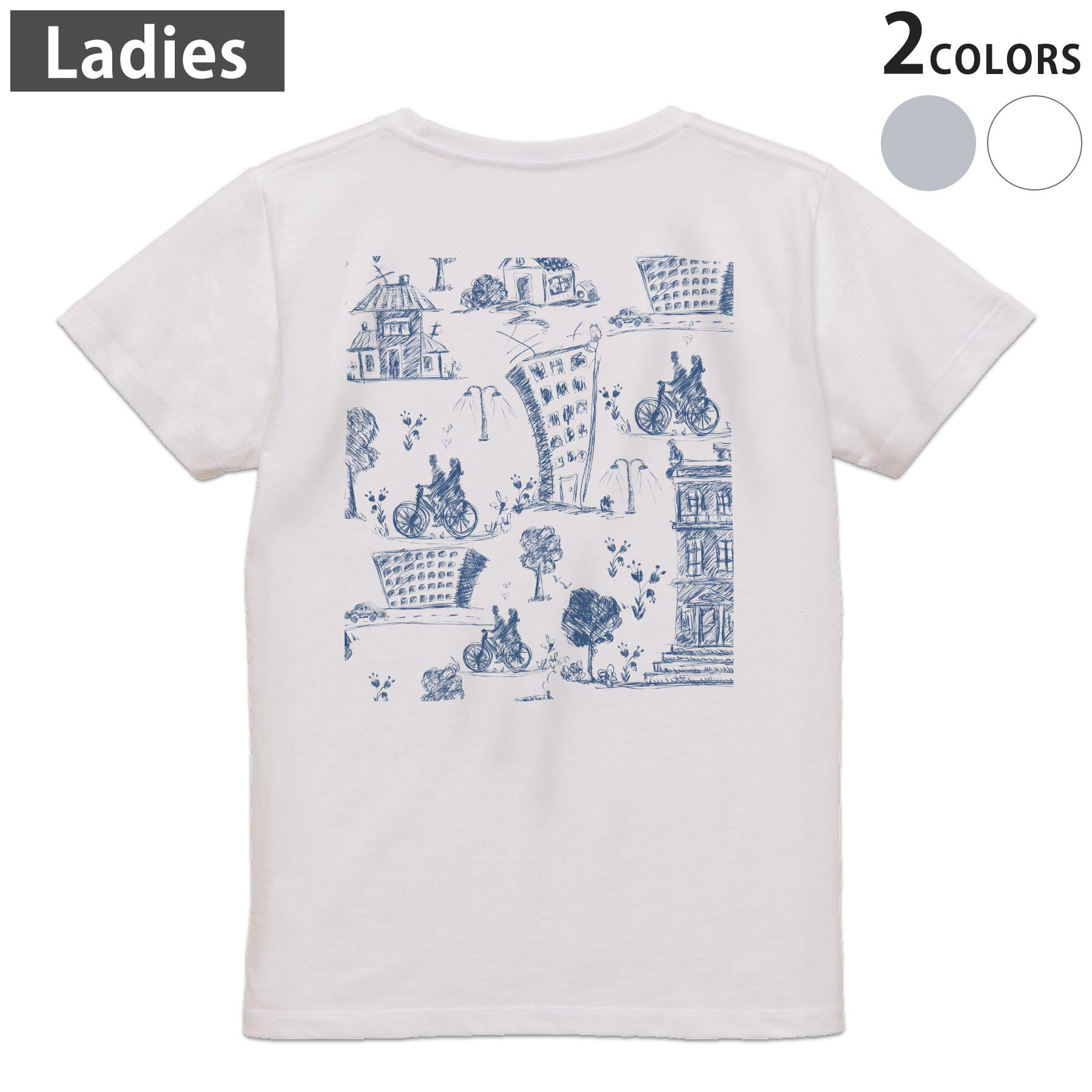 Print - Tシャツ レディース バックプリント 半袖 ホワイト グレー デザイン M Lティーシャツ T shirt 008777 イラスト　自転車　青　ブルー