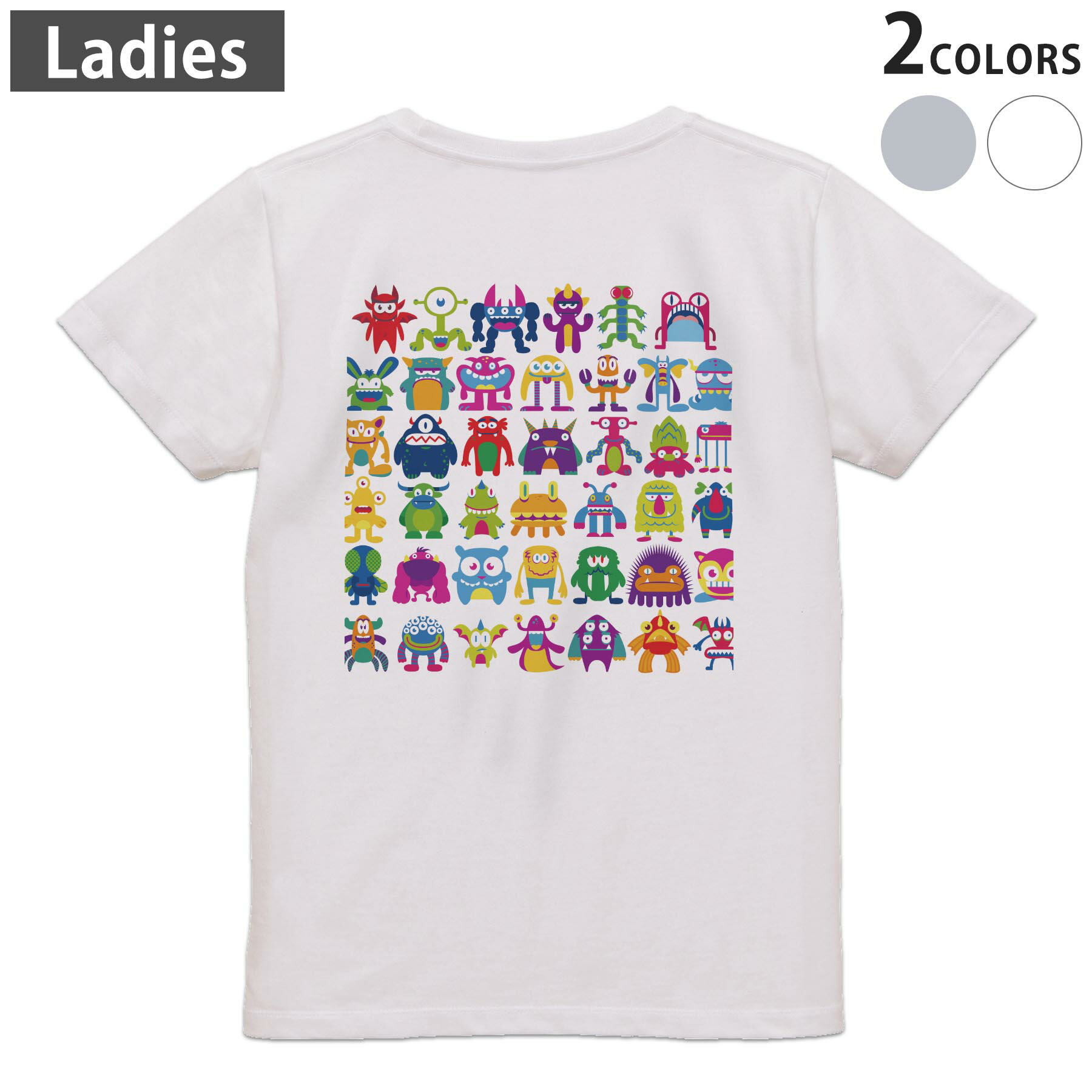 Tシャツ レディース バックプリント 半袖 ホワイト グレー デザイン M Lティーシャツ T shirt 008861 イラスト カラフル モンスター