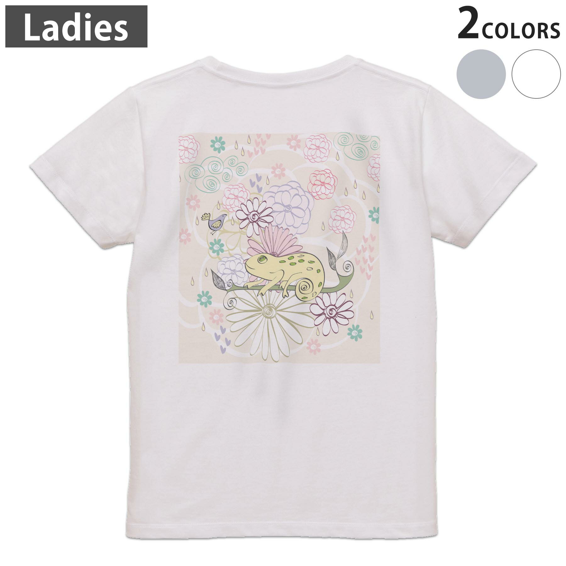 Tシャツ レディース バックプリント 半袖 ホワイト グレー デザイン M Lティーシャツ T shirt 008895 花 ピンク カメレオン