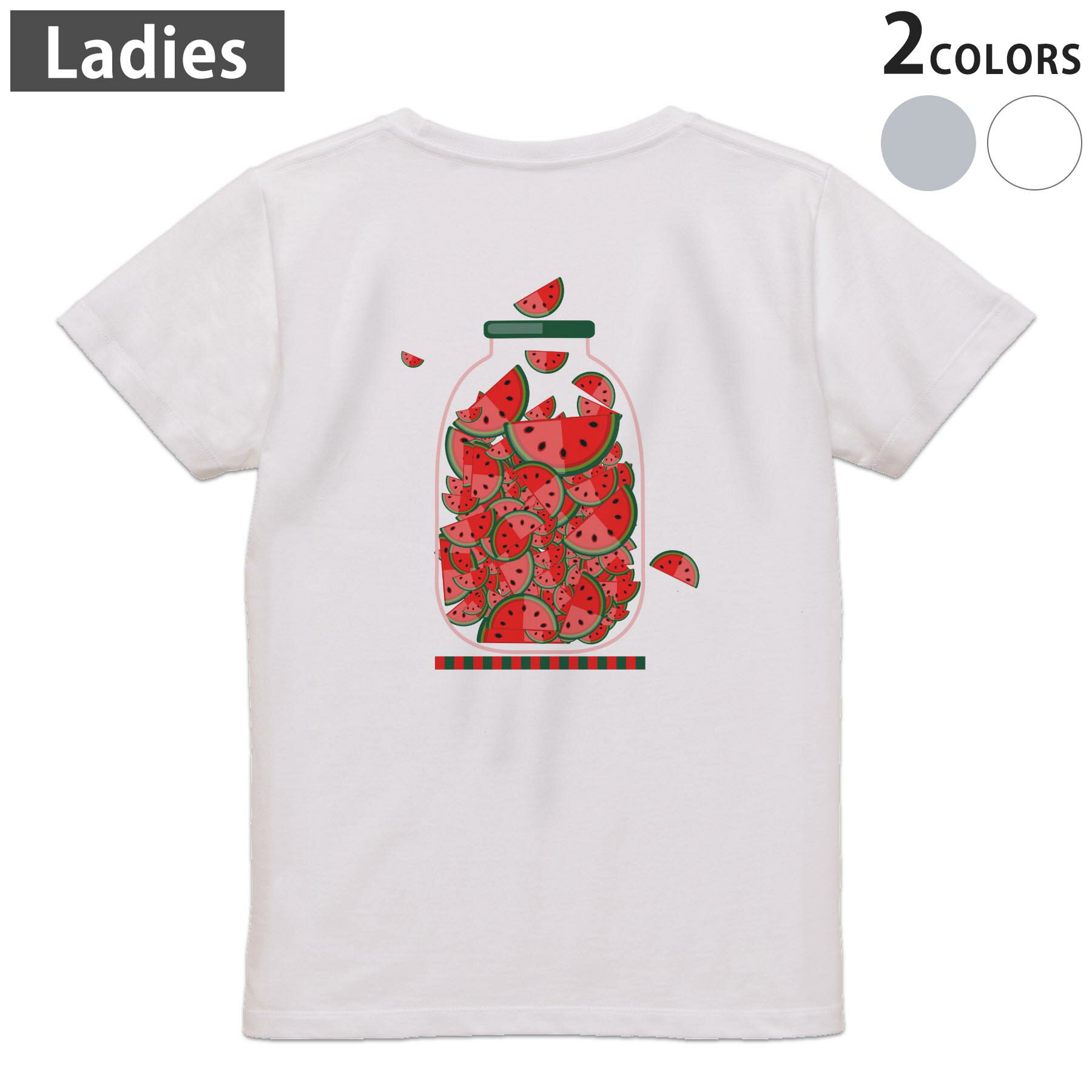 Tシャツ レディース バックプリント 半袖 ホワイト グレー デザイン M Lティーシャツ T shirt 009177 果物　赤　スイカ