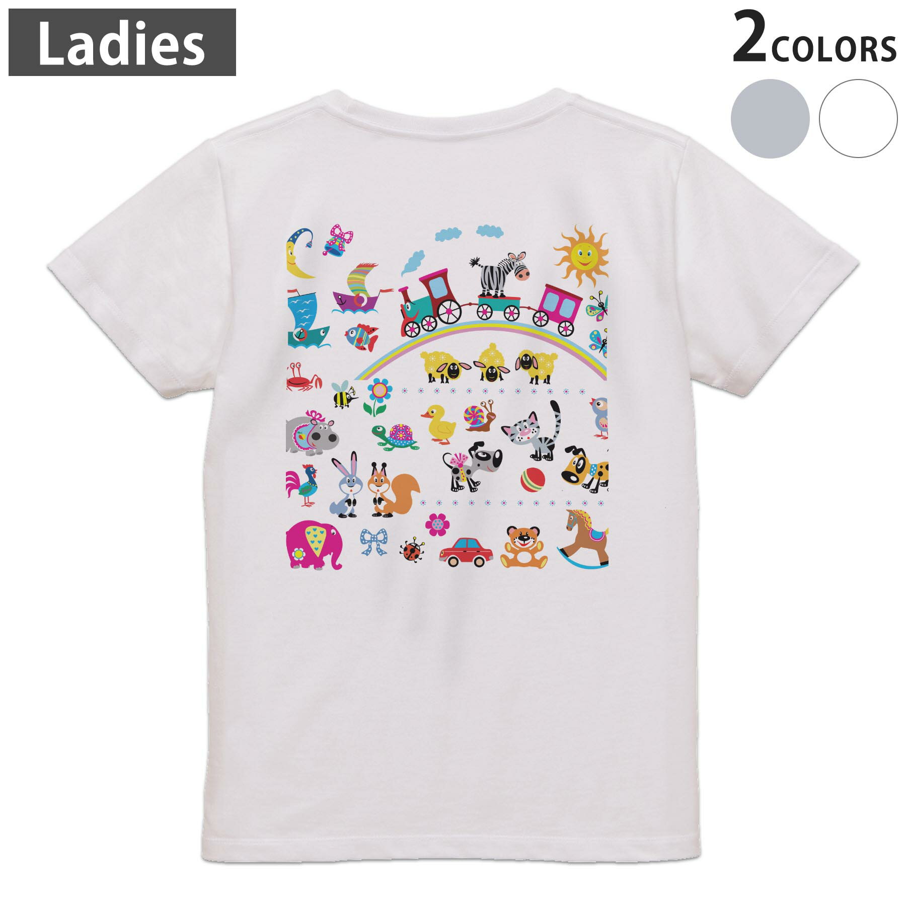 主角 - Tシャツ レディース バックプリント 半袖 ホワイト グレー デザイン M Lティーシャツ T shirt 009185 カラフル　動物　キャラクター