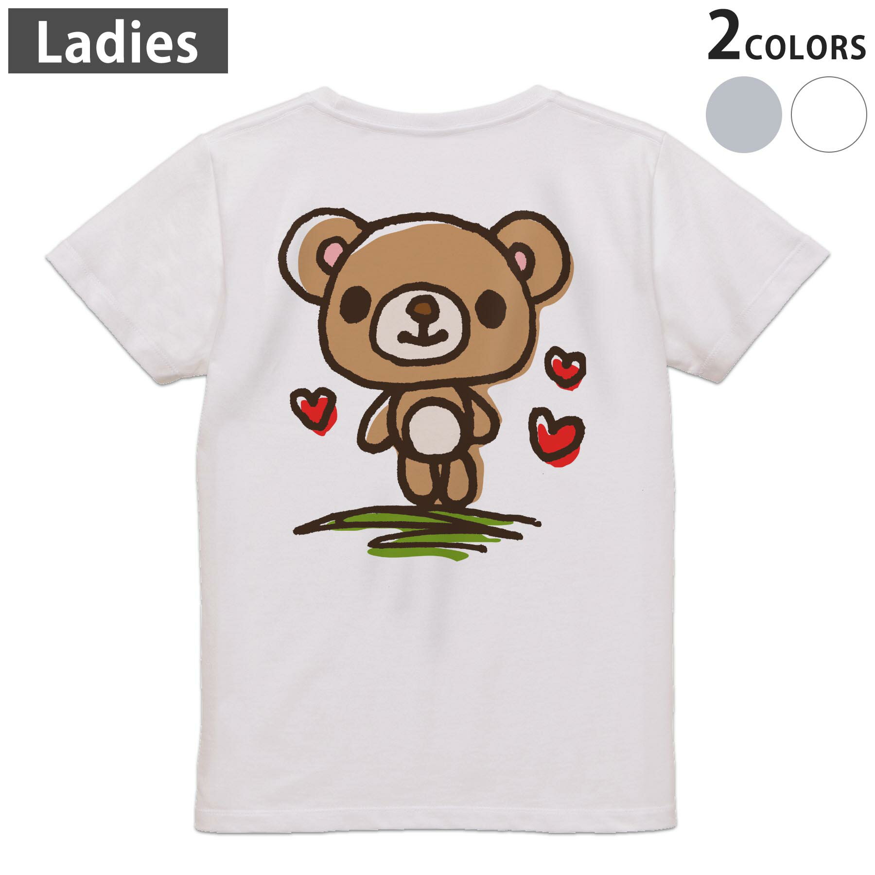 Tシャツ レディース バックプリント 半袖 ホワイト グレー デザイン M Lティーシャツ T shirt 009215 キャラクター　動物　くま