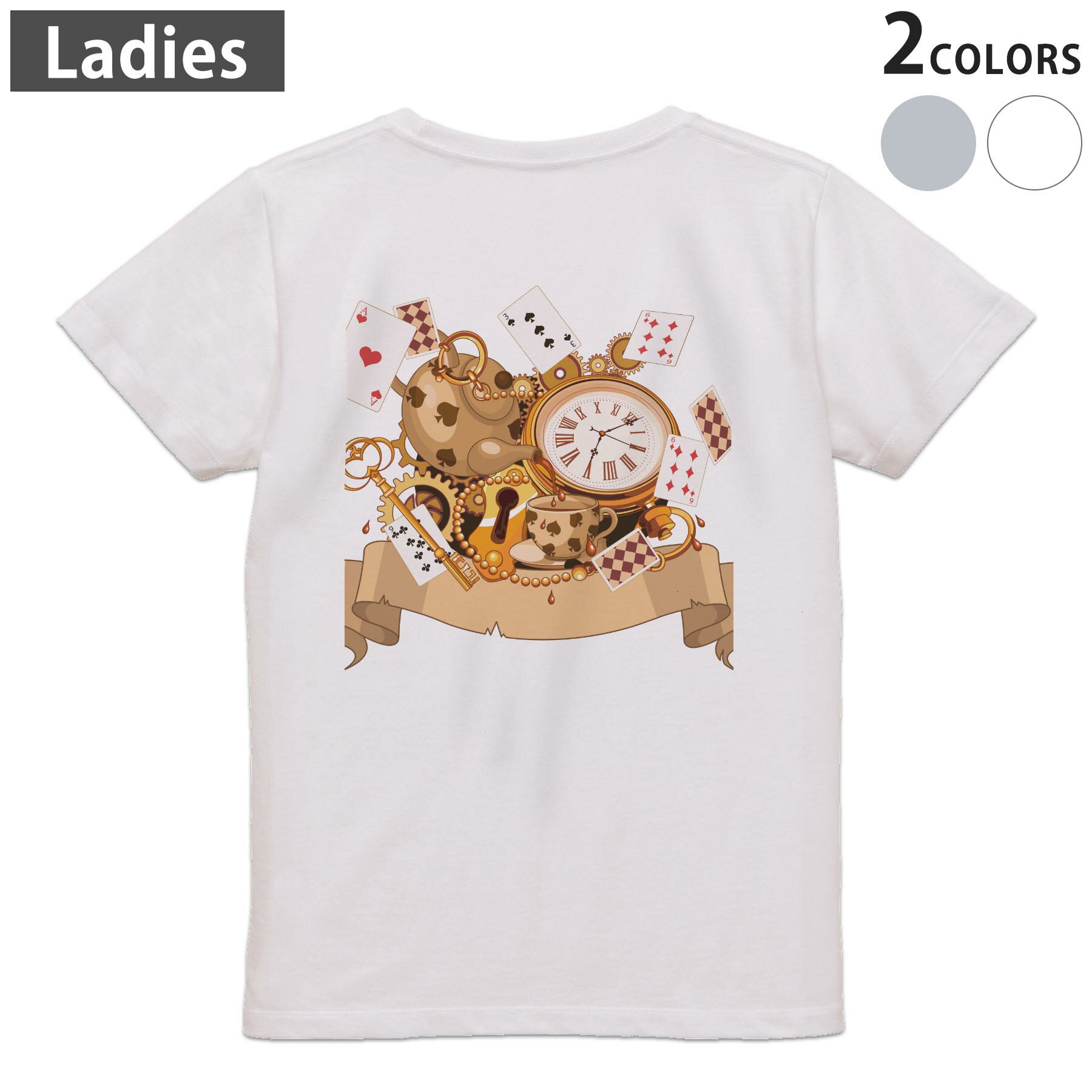 Tシャツ レディース バックプリント 半袖 ホワイト グレー デザイン M Lティーシャツ T shirt 009263 トランプ ハート アンティーク