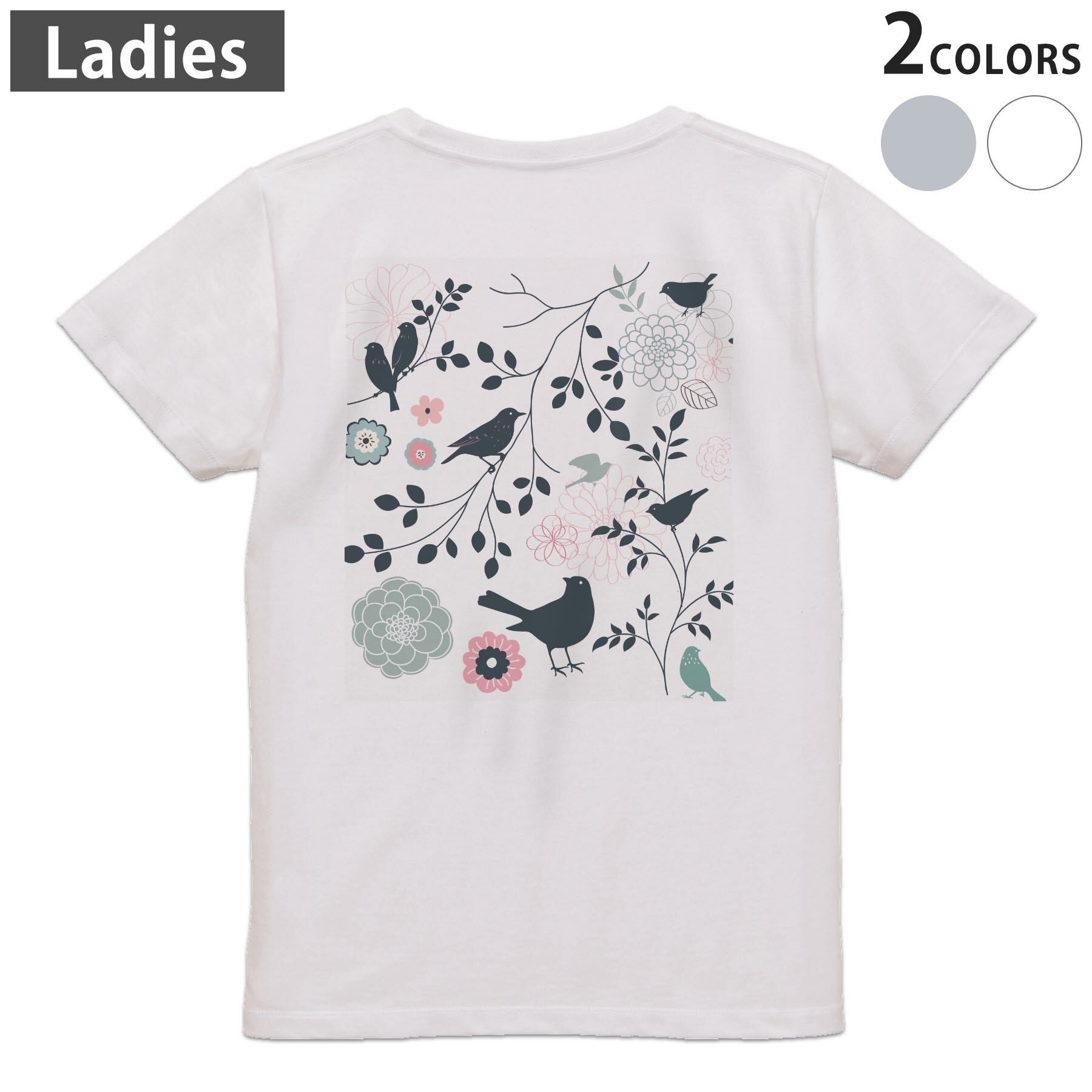 Print - Tシャツ レディース バックプリント 半袖 ホワイト グレー デザイン M Lティーシャツ T shirt 009290 鳥　動物　植物