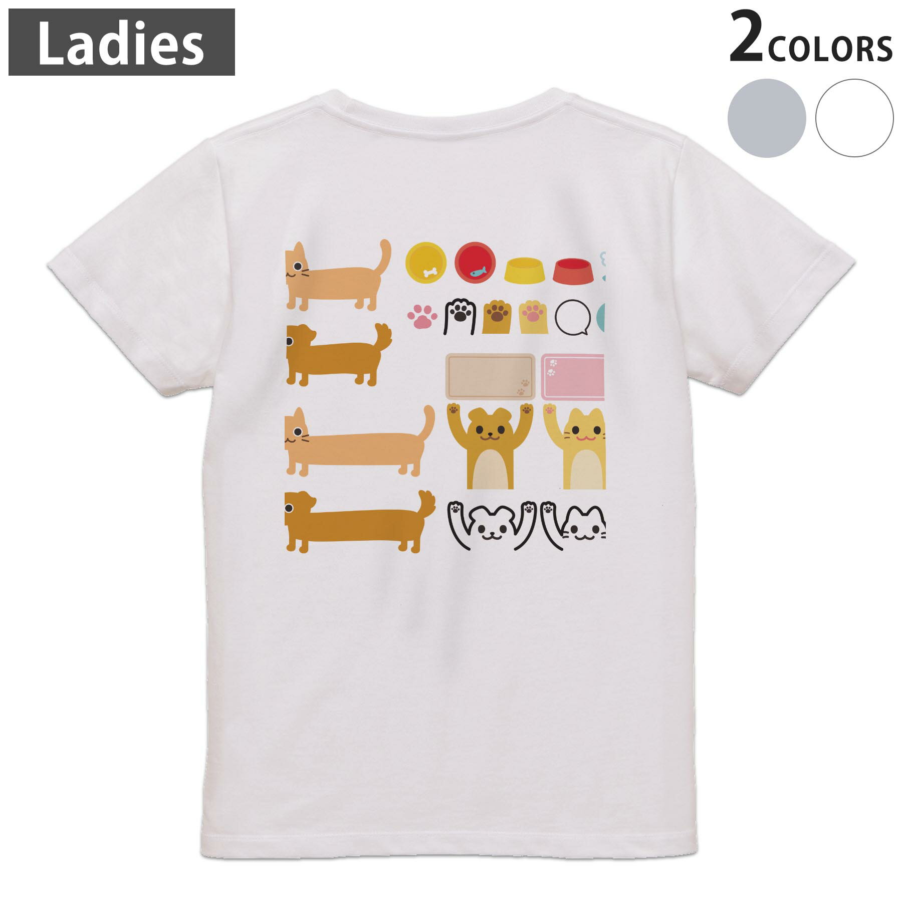 T-Shirts - Tシャツ レディース バックプリント 半袖 ホワイト グレー デザイン M Lティーシャツ T shirt 009304 動物　キャラクター　犬　猫