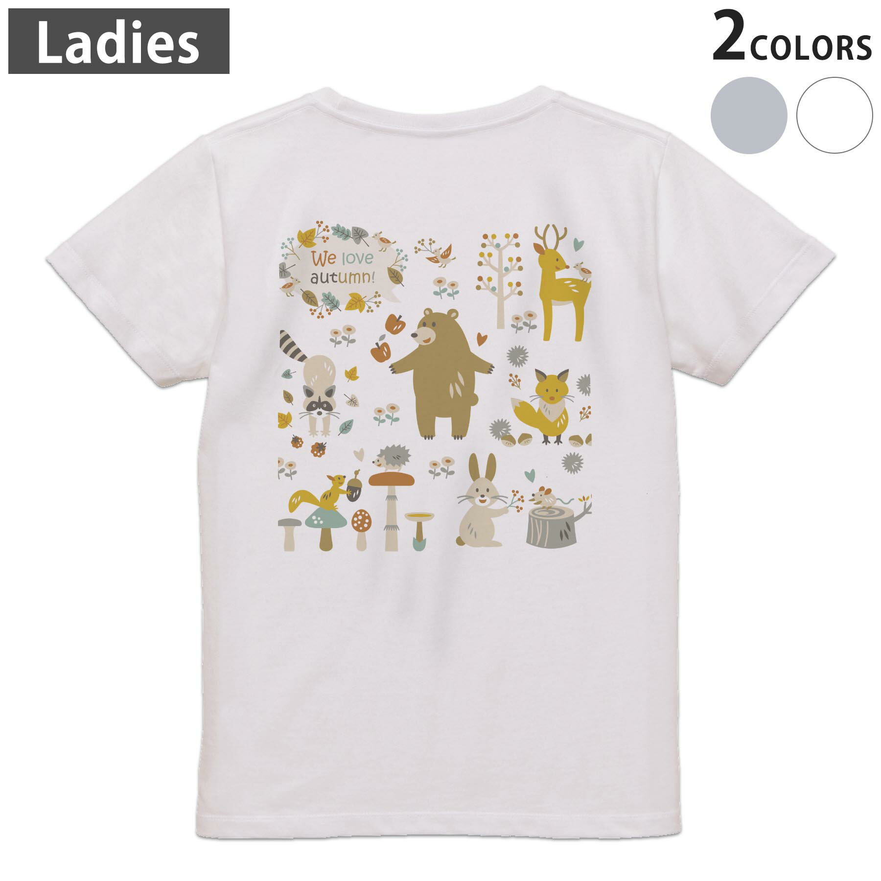 主角 - Tシャツ レディース バックプリント 半袖 ホワイト グレー デザイン M Lティーシャツ T shirt 009401 動物　キャラクター　植物