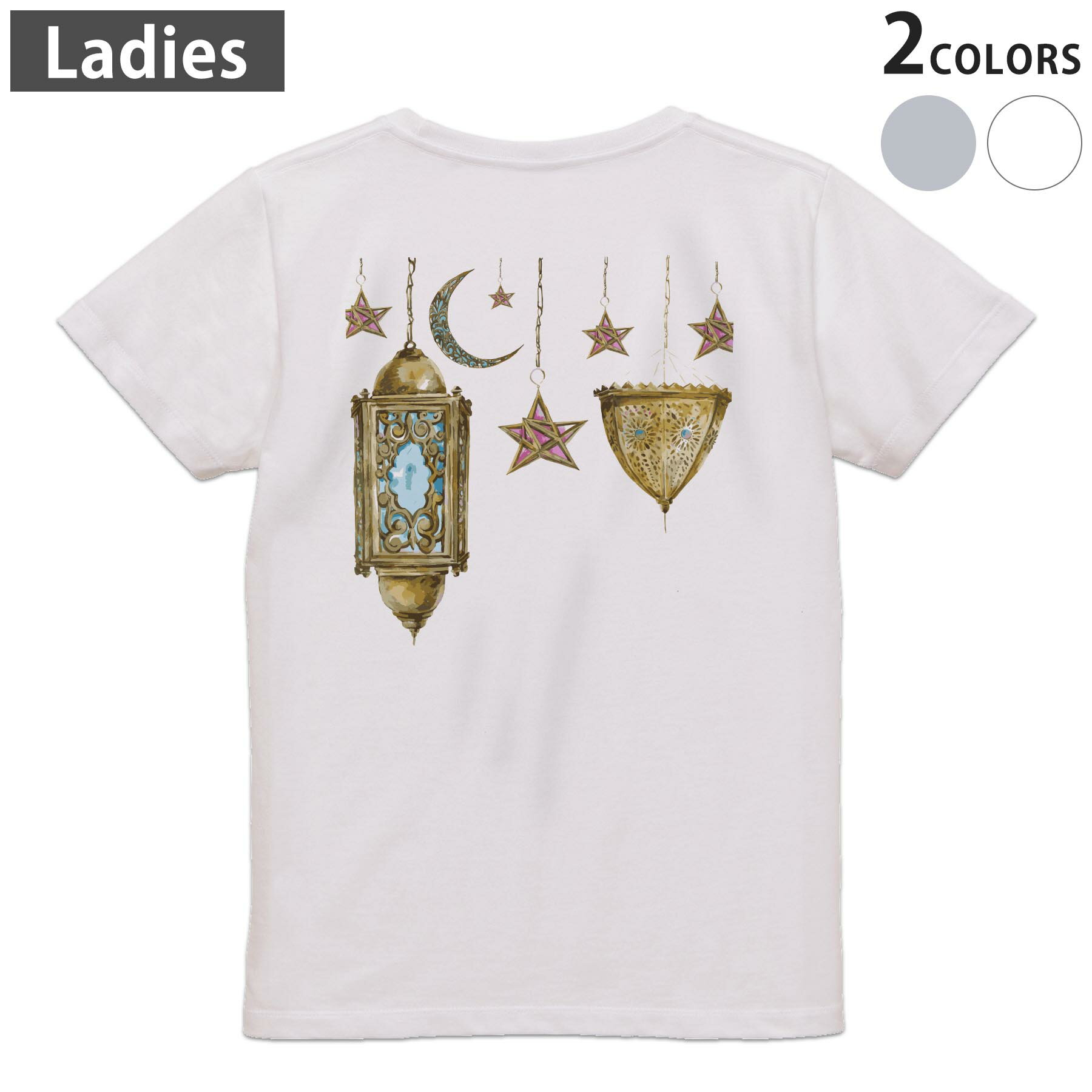 Tシャツ レディース バックプリント 半袖 ホワイト グレー デザイン M Lティーシャツ T shirt 009705 アンティーク 星 月