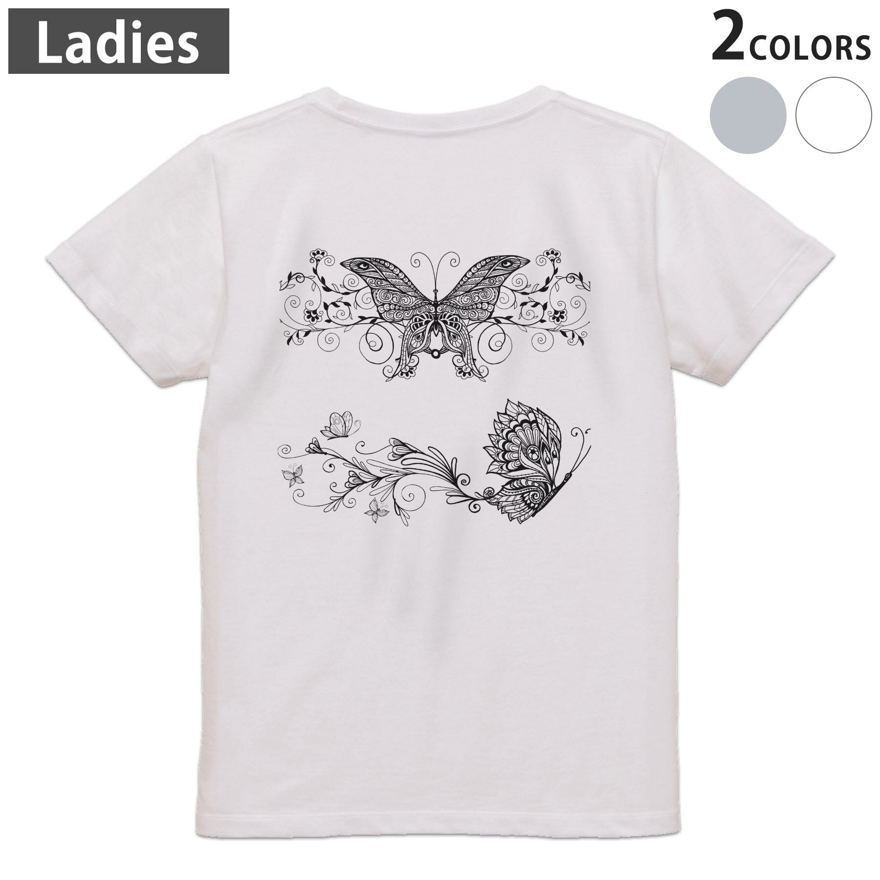 Three-Quarter - Tシャツ レディース バックプリント 半袖 ホワイト グレー デザイン M Lティーシャツ T shirt 009822 蝶　白　黒