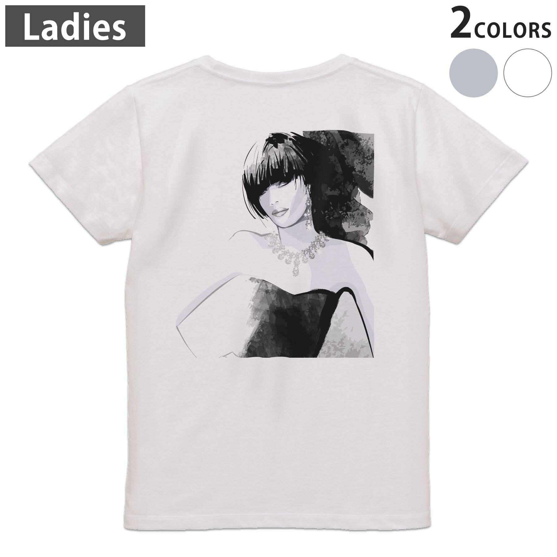 Print - Tシャツ レディース バックプリント 半袖 ホワイト グレー デザイン M Lティーシャツ T shirt 009915 人物　水彩　おしゃれ
