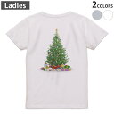 Tシャツ レディース バックプリント 半袖 ホワイト グレー デザイン M Lティーシャツ T shirt 009987 クリスマス ツリー プレゼント