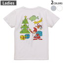 Tシャツ レディース バックプリント 半袖 ホワイト グレー デザイン M Lティーシャツ T shirt 010071 クリスマス サンタ キャラクター