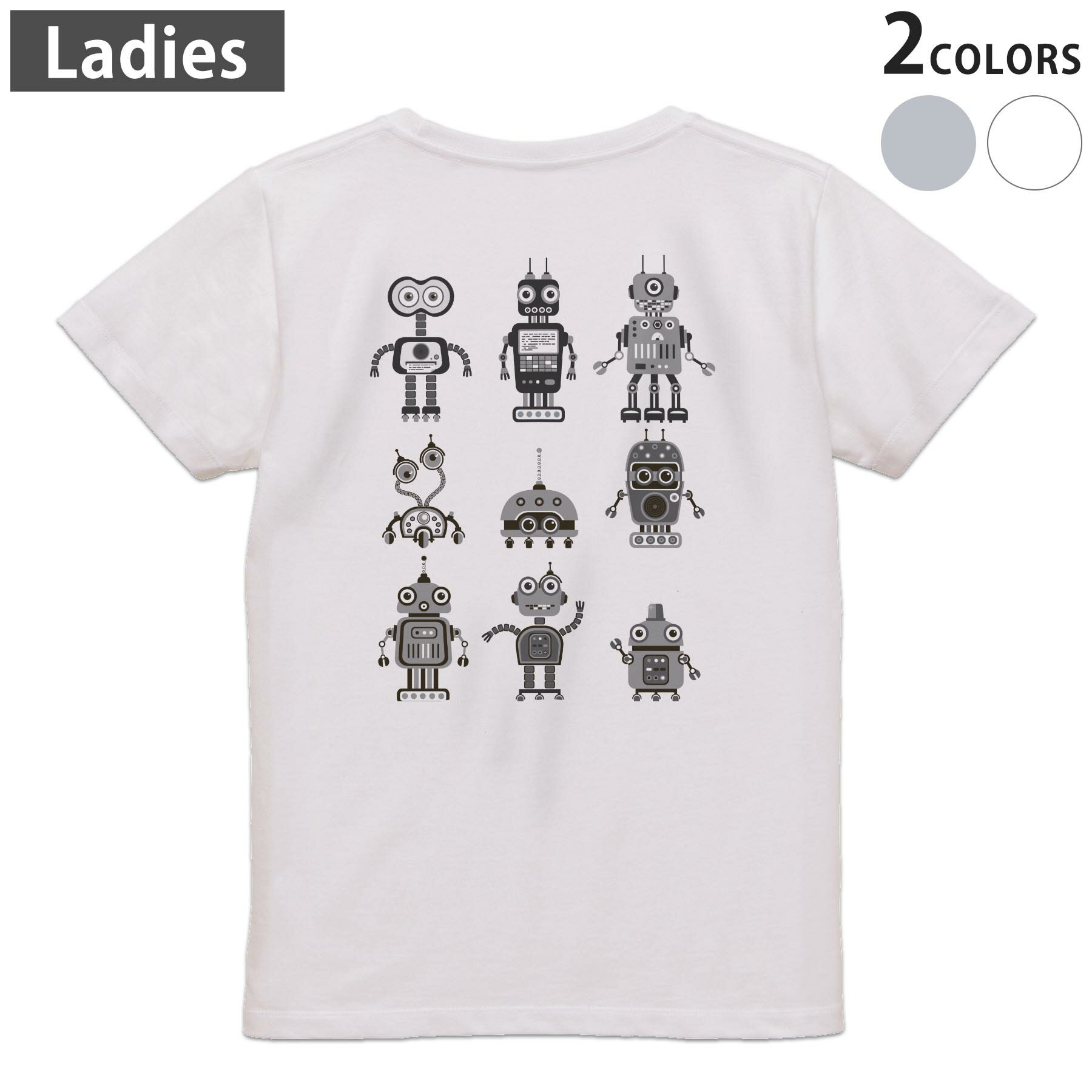 Tシャツ レディース バックプリント 半袖 ホワイト グレー デザイン M Lティーシャツ T shirt 010128 ロボット　モノクロ