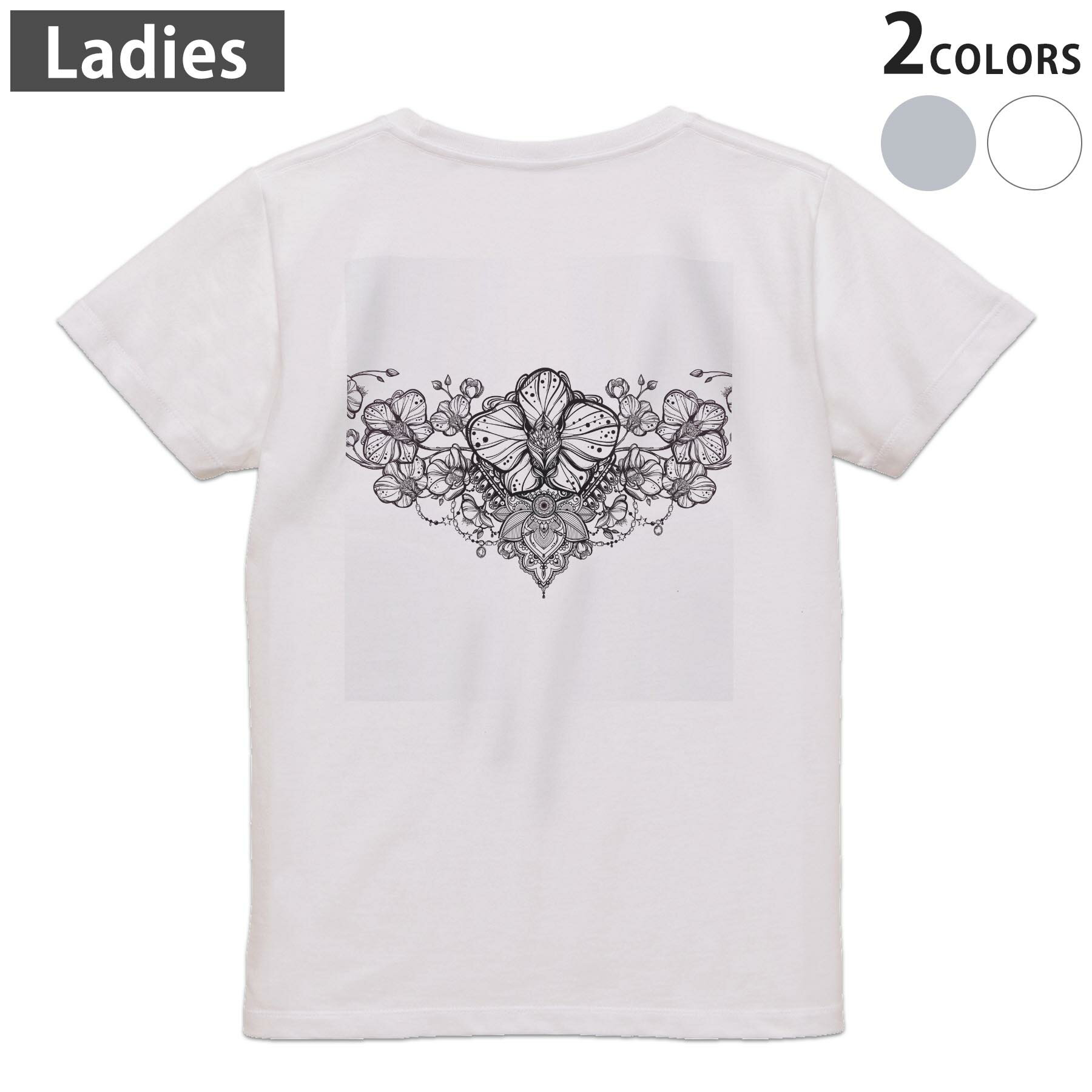 Garments - Tシャツ レディース バックプリント 半袖 ホワイト グレー デザイン M Lティーシャツ T shirt 010252 　花　白　黒