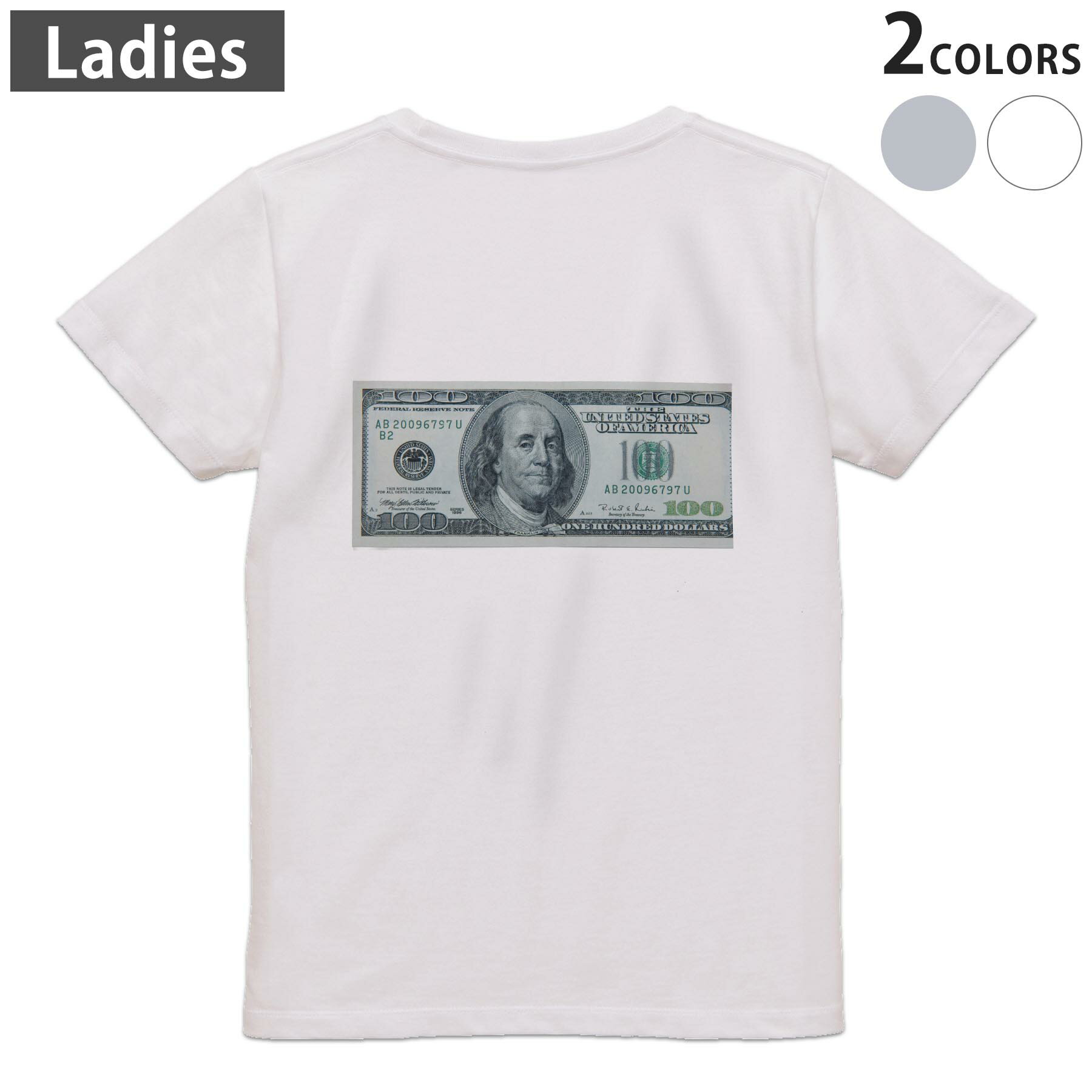 Print - Tシャツ レディース バックプリント 半袖 ホワイト グレー デザイン M Lティーシャツ T shirt 010333 外国　通貨　お金